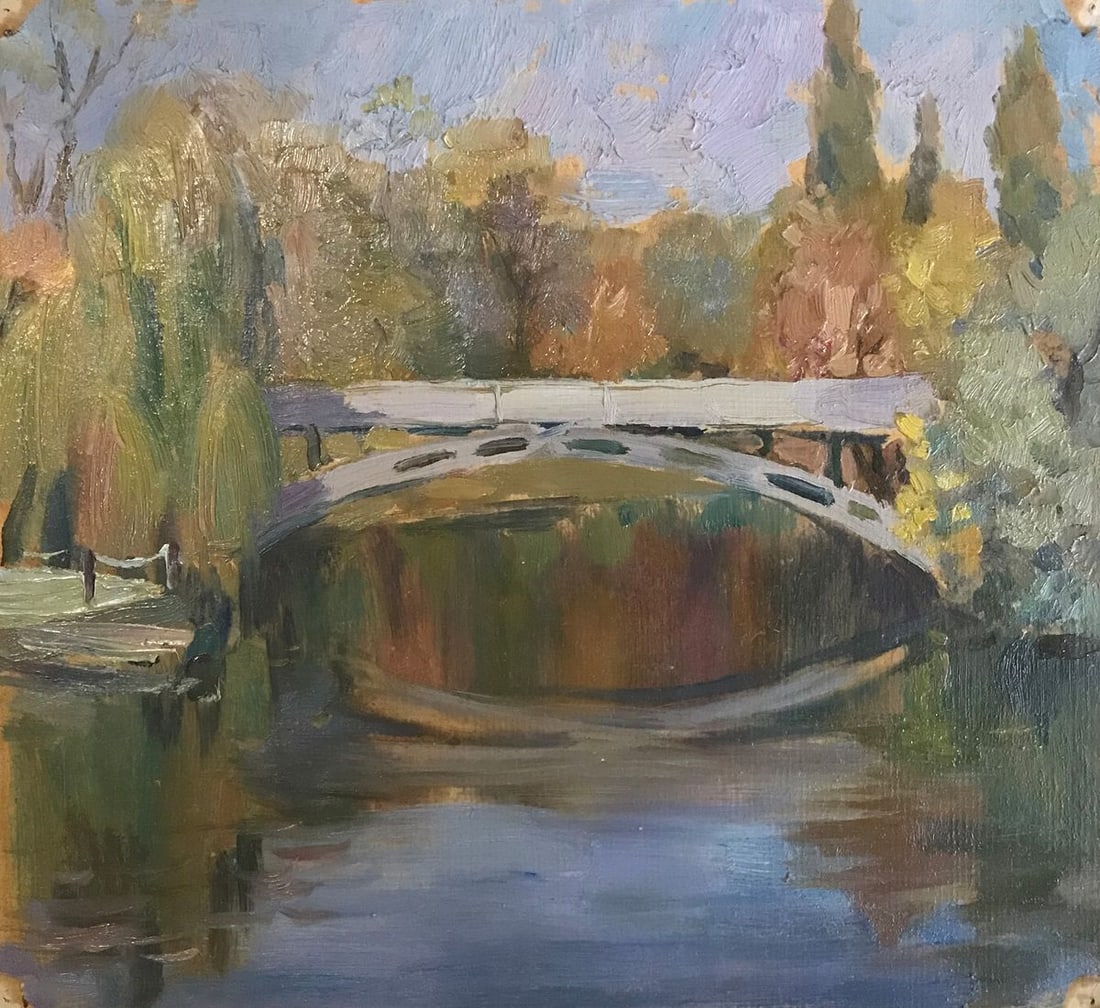 Oil painting Bridge over river Unknown artist: Title: Oil painting Bridge over river Unknown artist Description: NoAAA2165 "Bridge over river" is an oil painting that captures the beauty of autumn. The calm river and the curved bridge over the riv