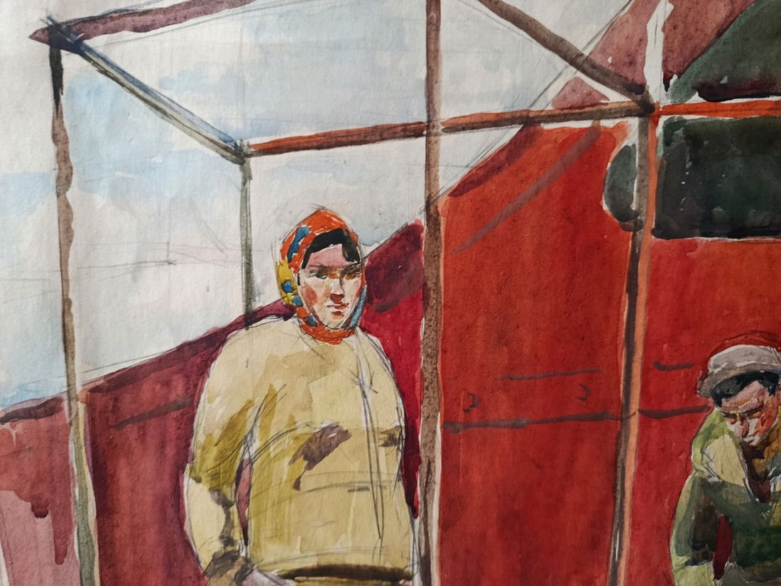 Watercolor painting People at a construction site Unknown artist - 2