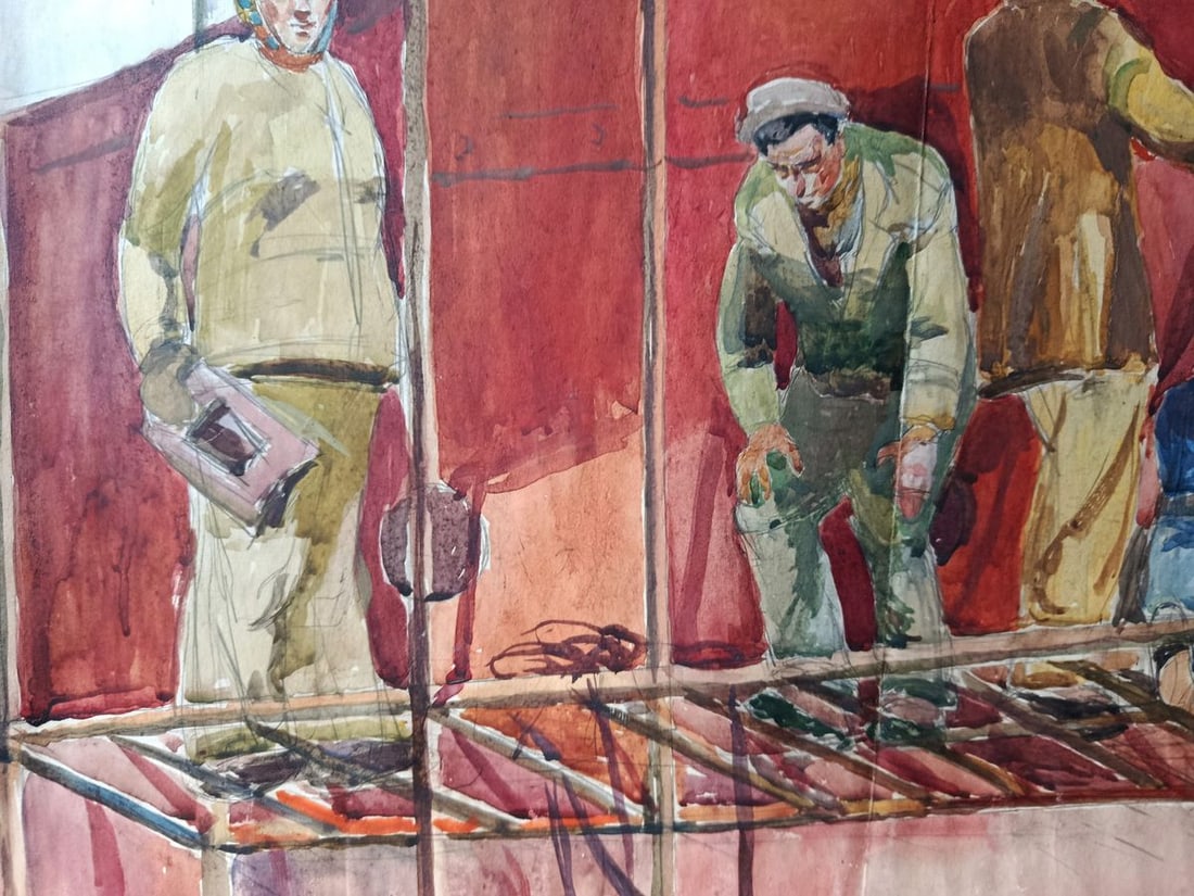 Watercolor painting People at a construction site Unknown artist - 8