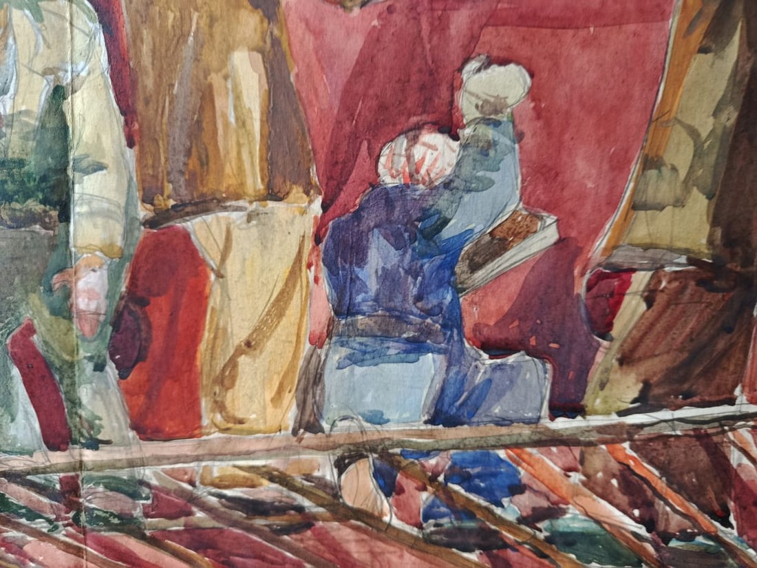 Watercolor painting People at a construction site Unknown artist - 9