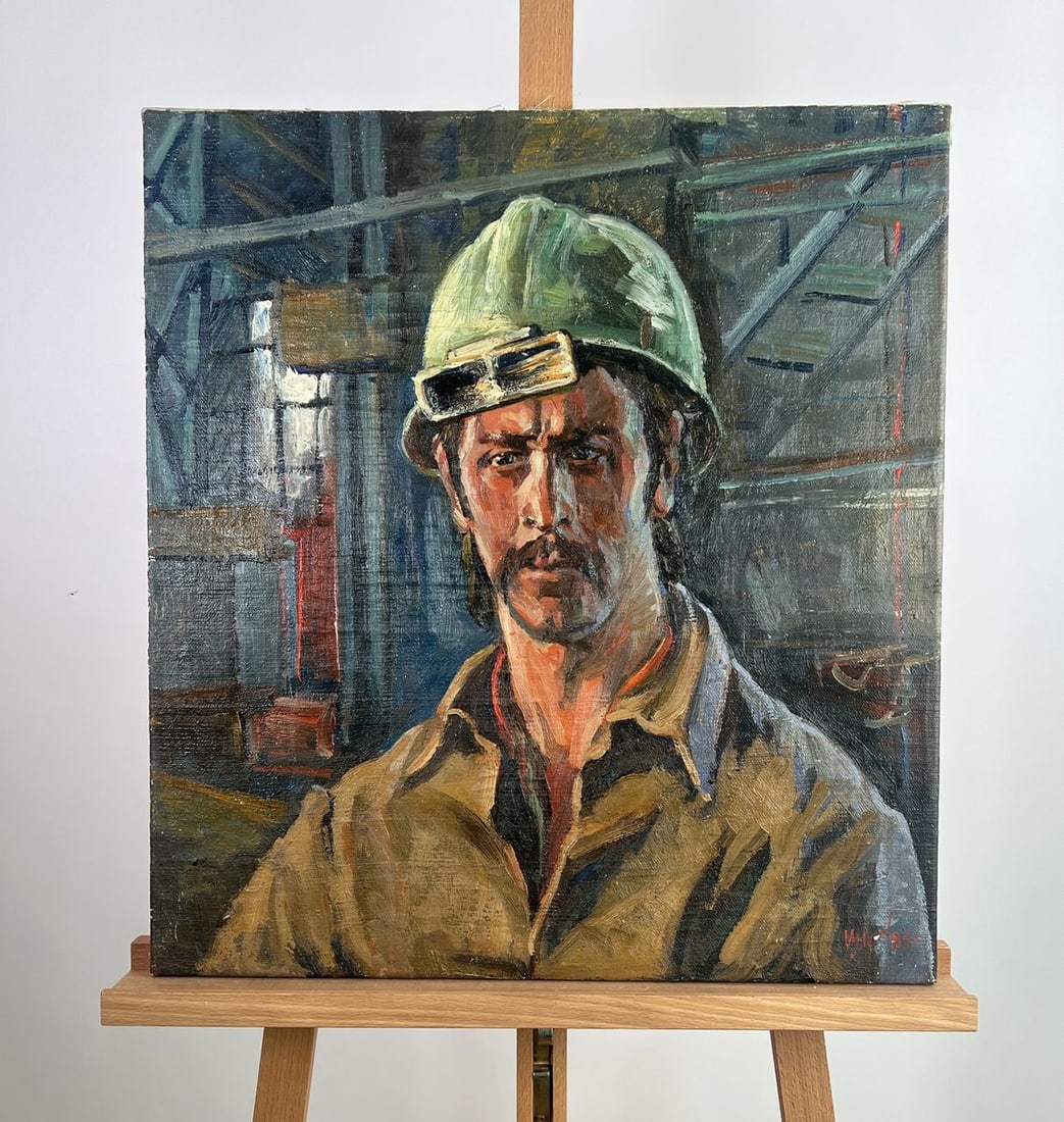 Oil painting Fire and metal Munk Igor Alexandrovich: Title: Oil painting Fire and metal Munk Igor Alexandrovich Description: NoAAA5162 The oil painting on Canvas titled "Fire and Metal" presents a compelling portrait of labor and human endurance set aga