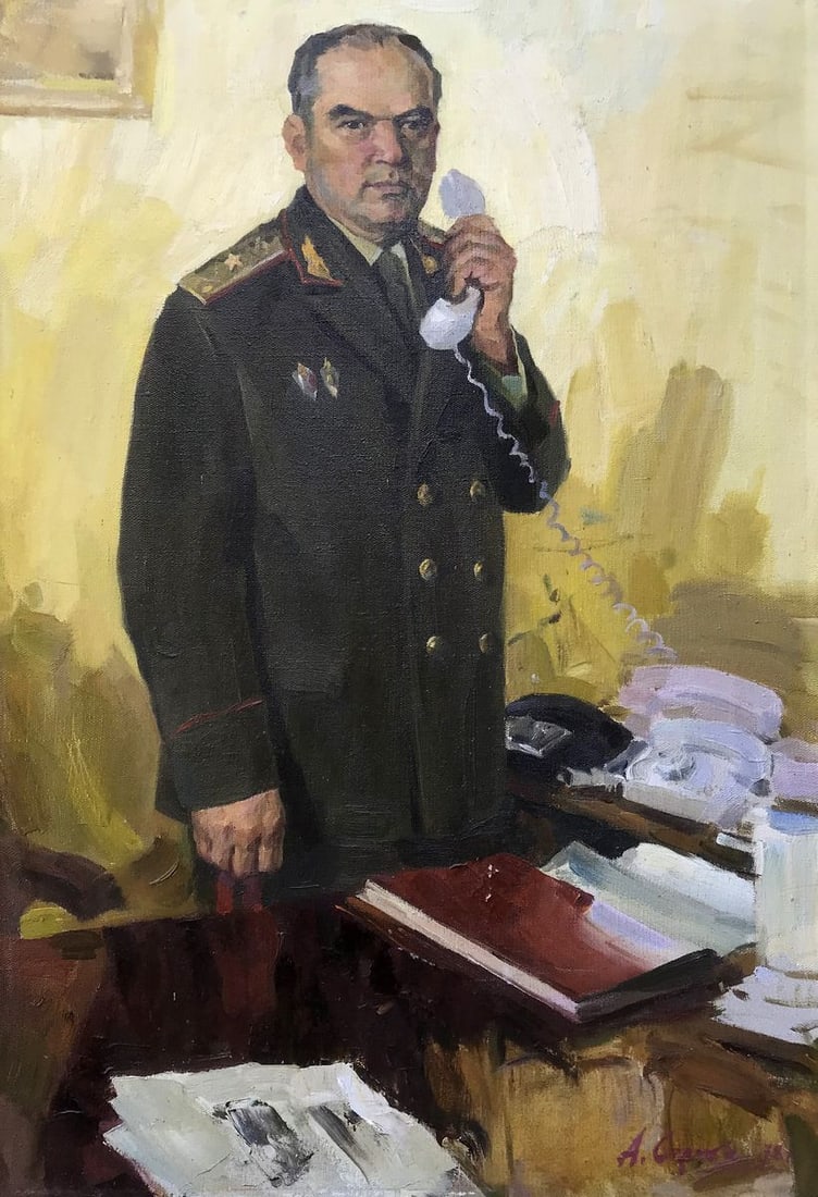 Oil painting Portrait of Major General of the KGB Koval A.S. Soroka Arkady Vasilievich: Title: Oil painting Portrait of Major General of the KGB Koval A.S. Soroka Arkady Vasilievich Description: NoAAA3056In this captivating oil painting, the viewer is transported into the dignified and