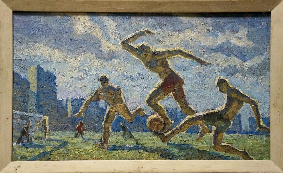 Oil painting Footballers: Title: Oil painting Footballers Description: NoVerns 1041 *** ABOUT THIS PAINTING *** * TITLE: "Footballers" * ARTISTS: * SIZE: 29x50 cm/'11.41x19.68 inches' * MEDIUM: oil, cardboard * HAND