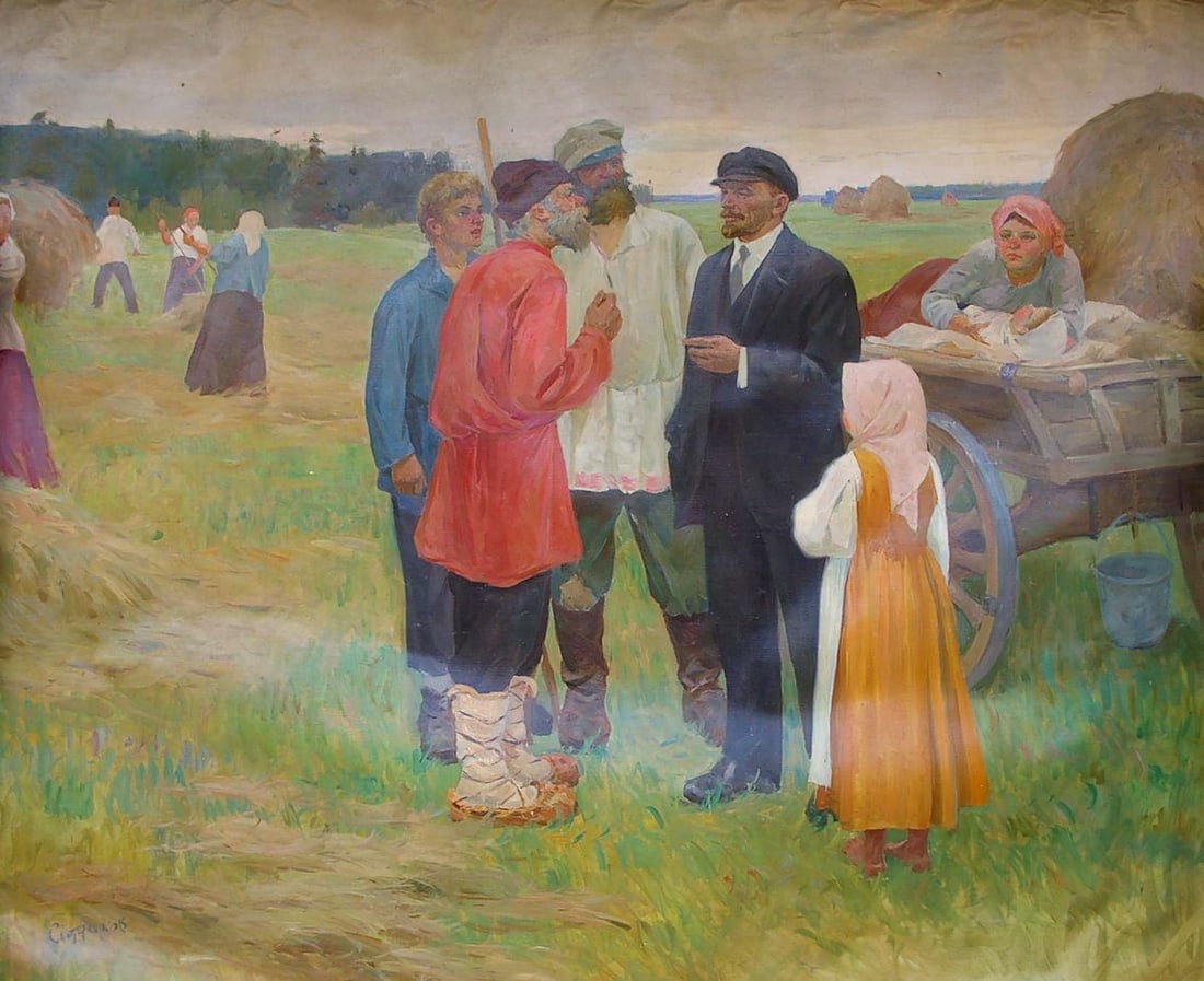 Oil painting Lenin with the peasants Sitdikov Haris Latyfovich: Title: Oil painting Lenin with the peasants Sitdikov Haris Latyfovich Description: NoPol 106 *** ABOUT THIS PAINTING *** * TITLE: "Lenin with the peasants" * ARTISTS: Sitdikov Haris Latyfovich *