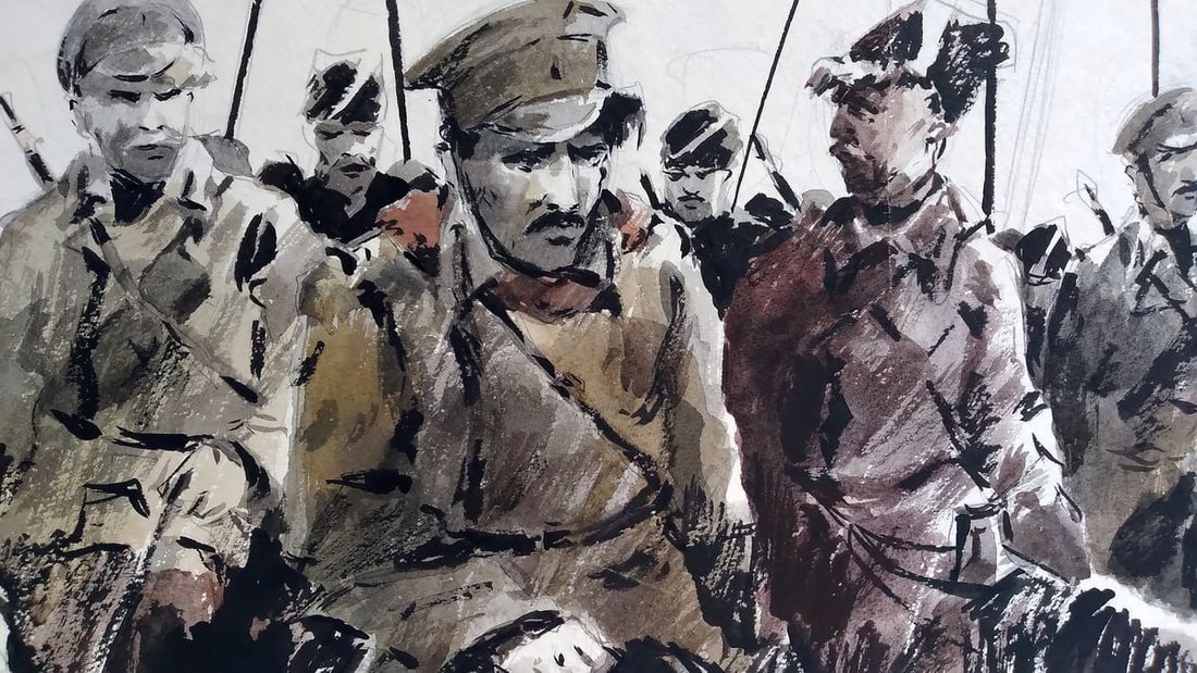 Social realism watercolor painting Soldiers prepare for battle Unknown author - 5