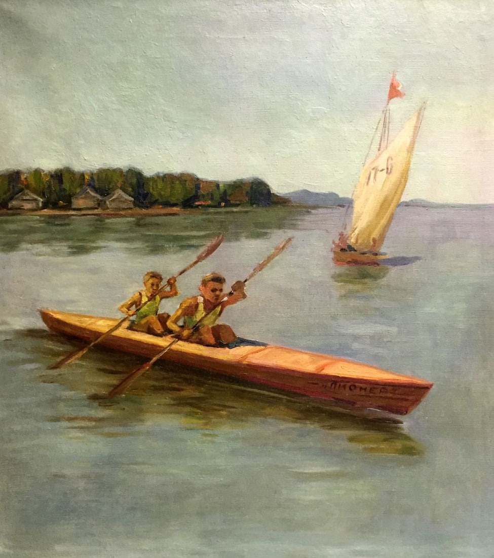 Oil painting Rowers: Title: Oil painting Rowers Description: NoVern 274 *** ABOUT THIS PAINTING *** * TITLE: "Rowers" * SIZE: 82x55 cm/'32.28x21.65 inches' * MEDIUM: oil, canvas * HAND PAINTED: Original painting