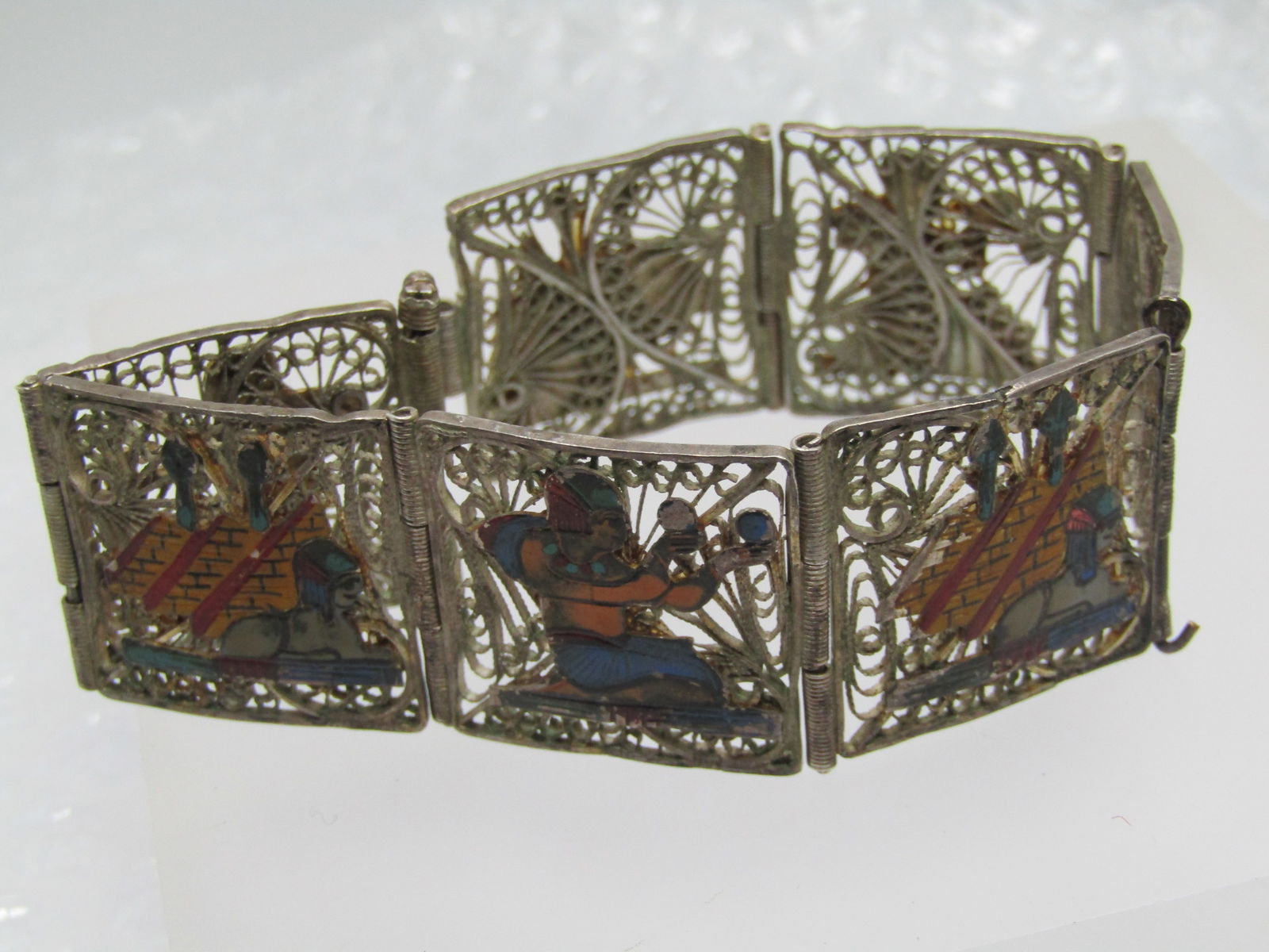 Vintage Silver Enameled Egyptian Filigree Bracelet, 7.25", Pin Clasp, - 3