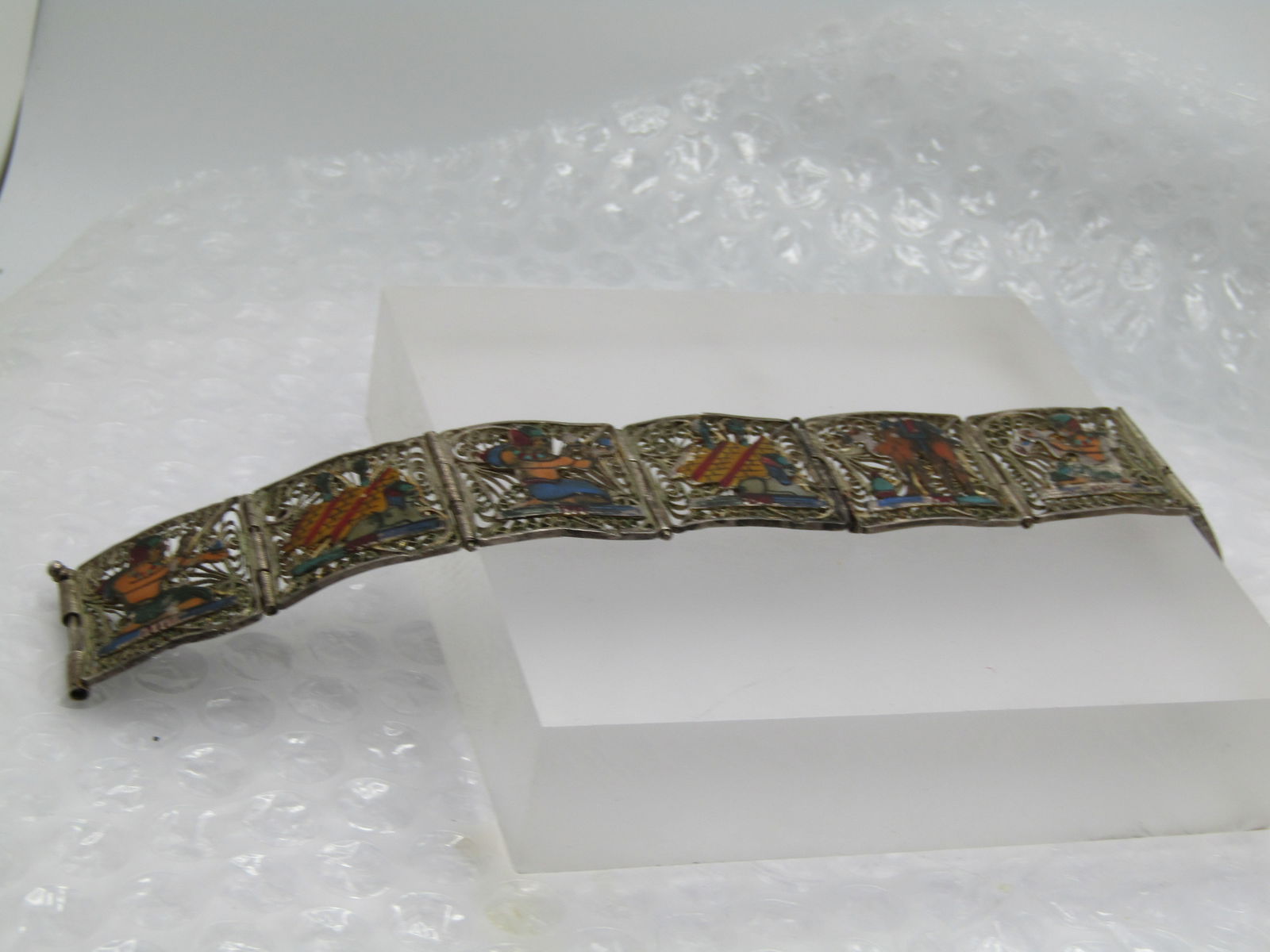 Vintage Silver Enameled Egyptian Filigree Bracelet, 7.25", Pin Clasp, - 4
