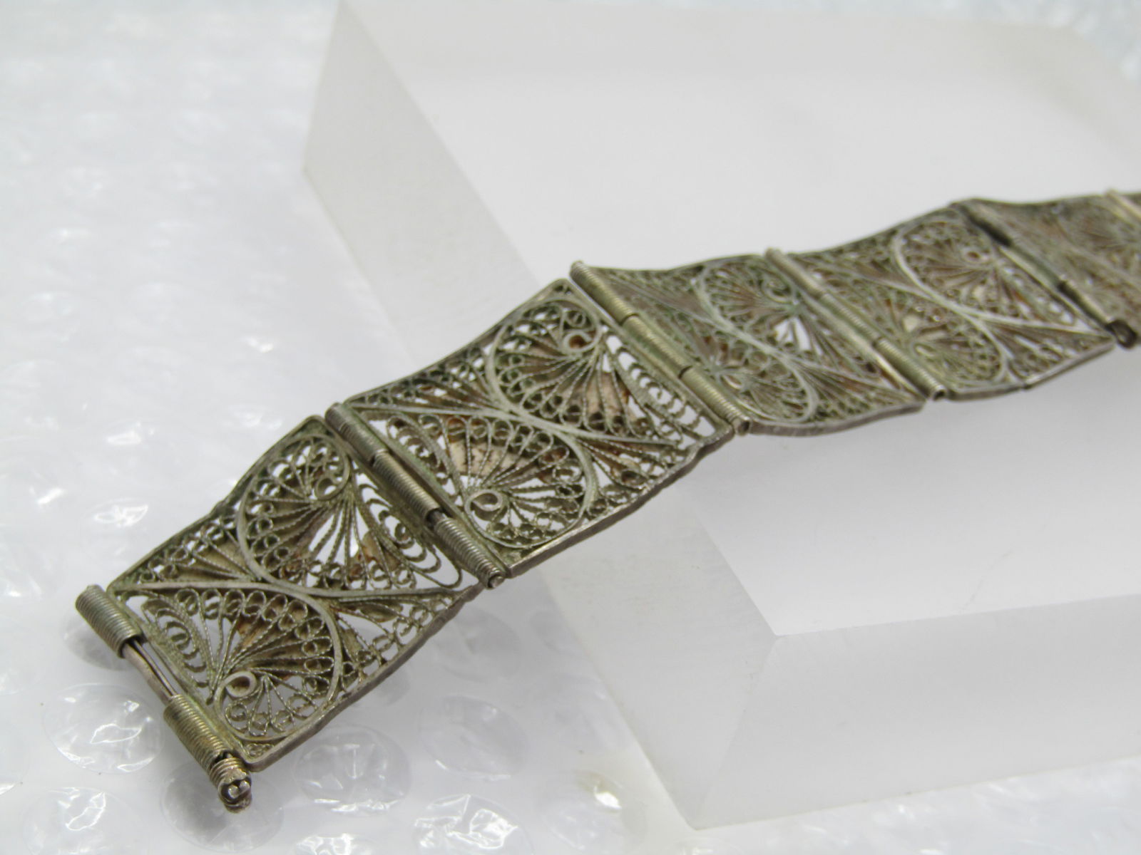 Vintage Silver Enameled Egyptian Filigree Bracelet, 7.25", Pin Clasp, - 5