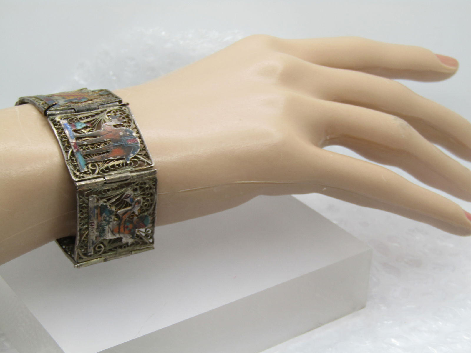 Vintage Silver Enameled Egyptian Filigree Bracelet, 7.25", Pin Clasp, - 7