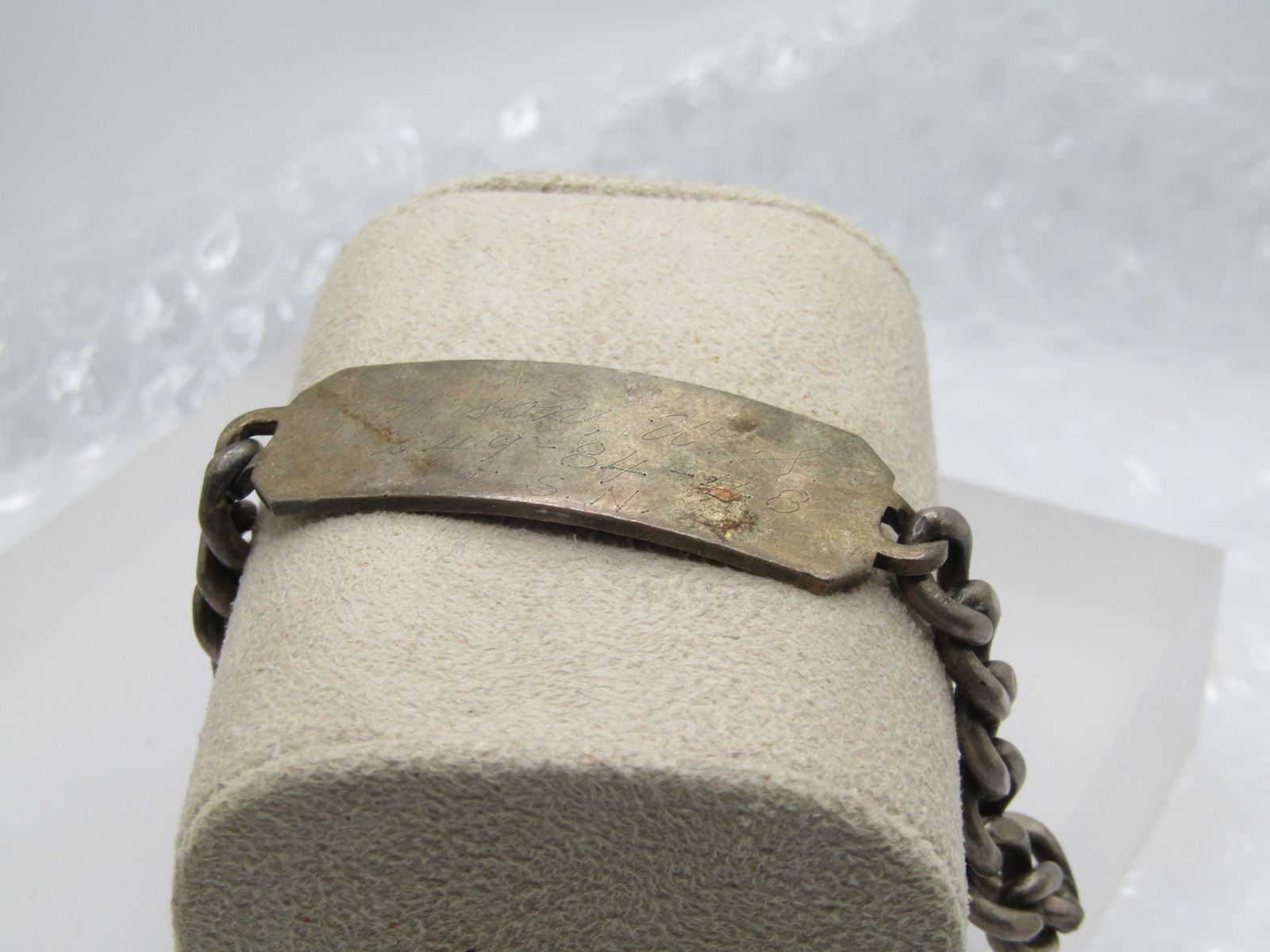 Vintage Heavy Sterling ID Bracelet, 8", Navy, 1940's,: Vintage Heavy Sterling Navy ED Bracelet, 8", 1940's, it is engraved very lightly with a hand engraving that reads Johnson, w.S. and the next line 249-84-48 and third line U.S.N. This could be buffed