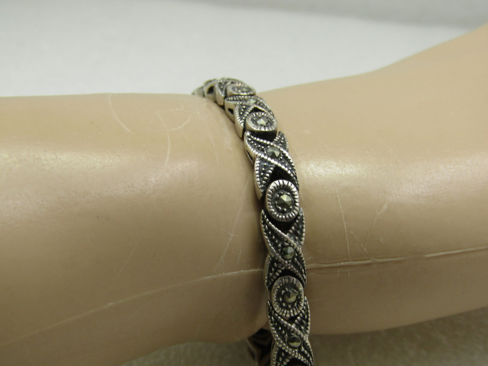 Vintage Sterling X O Marcasite Tennis Bracelet, 7" - 4