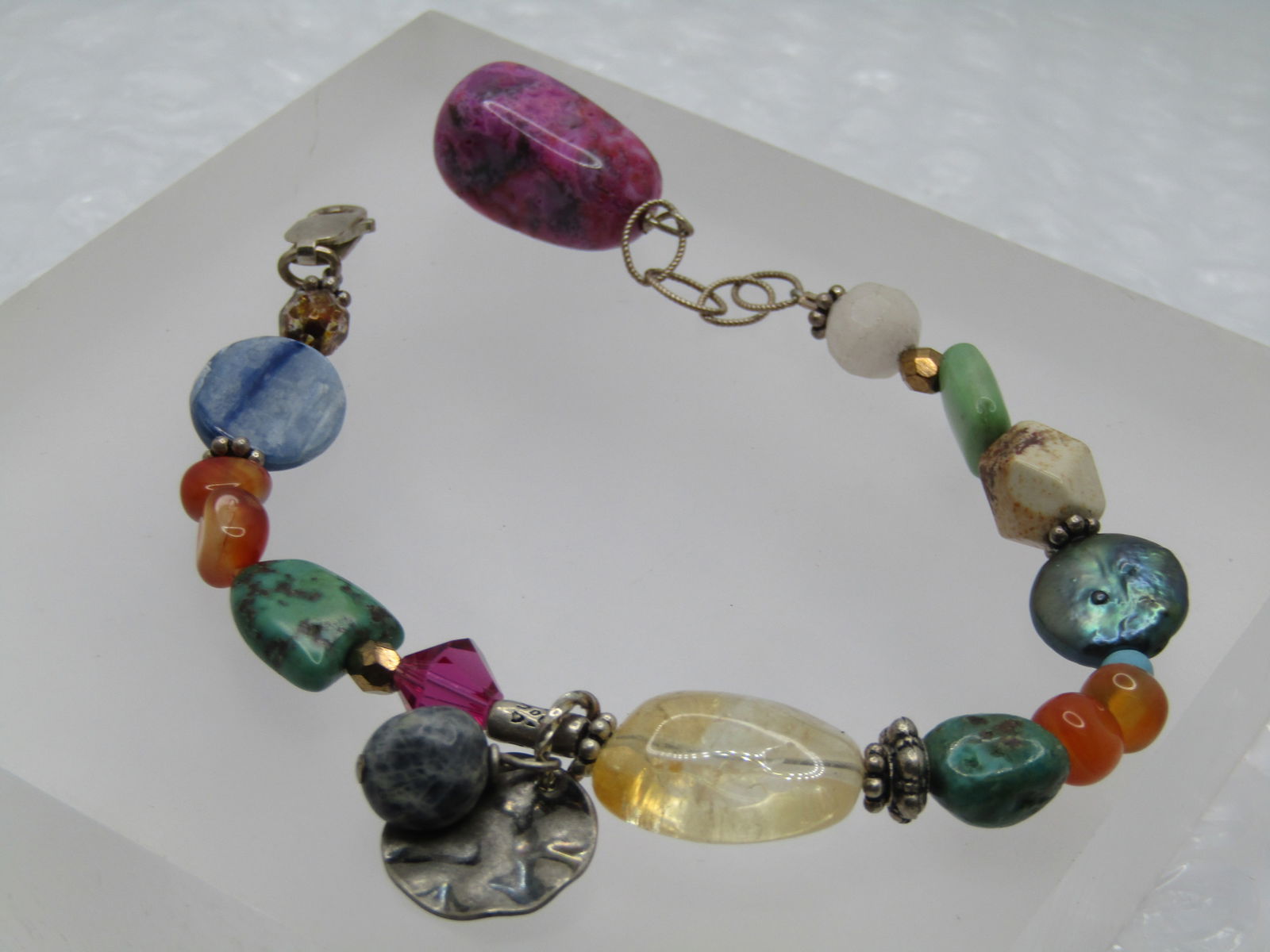 Vintage Sterling Mixed Stone Beaded Bracelet, 7.5"-8.5": Vintage Sterling Mixed Stone Beaded Bracelet, 7.5"-8.5". This has mixed agates, turquoise, baroque Tahitian pearl, mother-of-pearl, pink agate and more. It has a sterling lobster clasp with