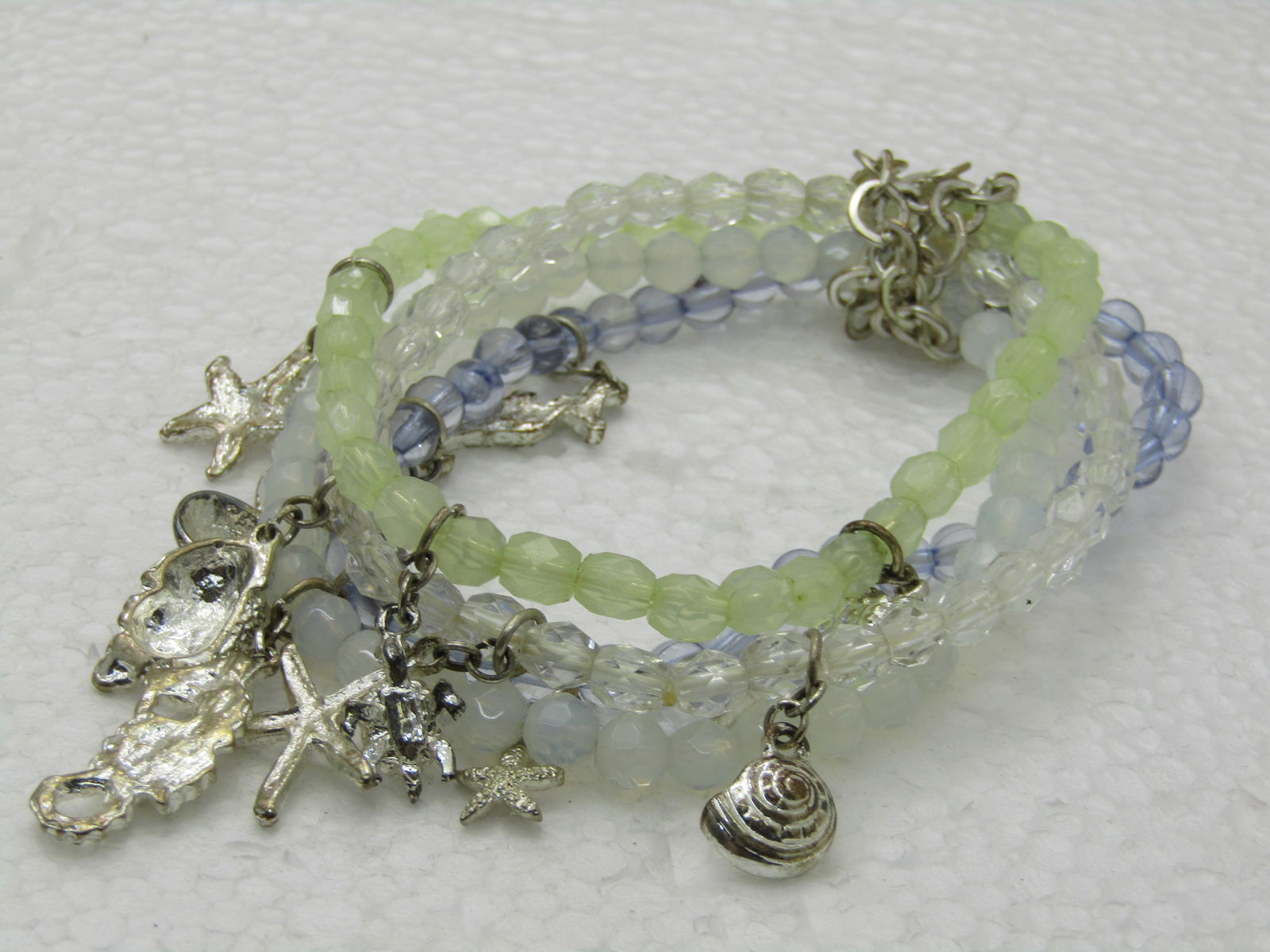 Four Seashell Beaded Stretch Bracelets, 6.5"-8" yellow/clear/white/lavender - 3