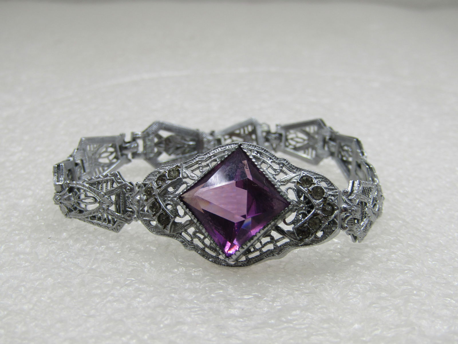 Rhodium Plated Art Deco Filigree Bracelet, Purple Stone, 6.5" (1 of 9)