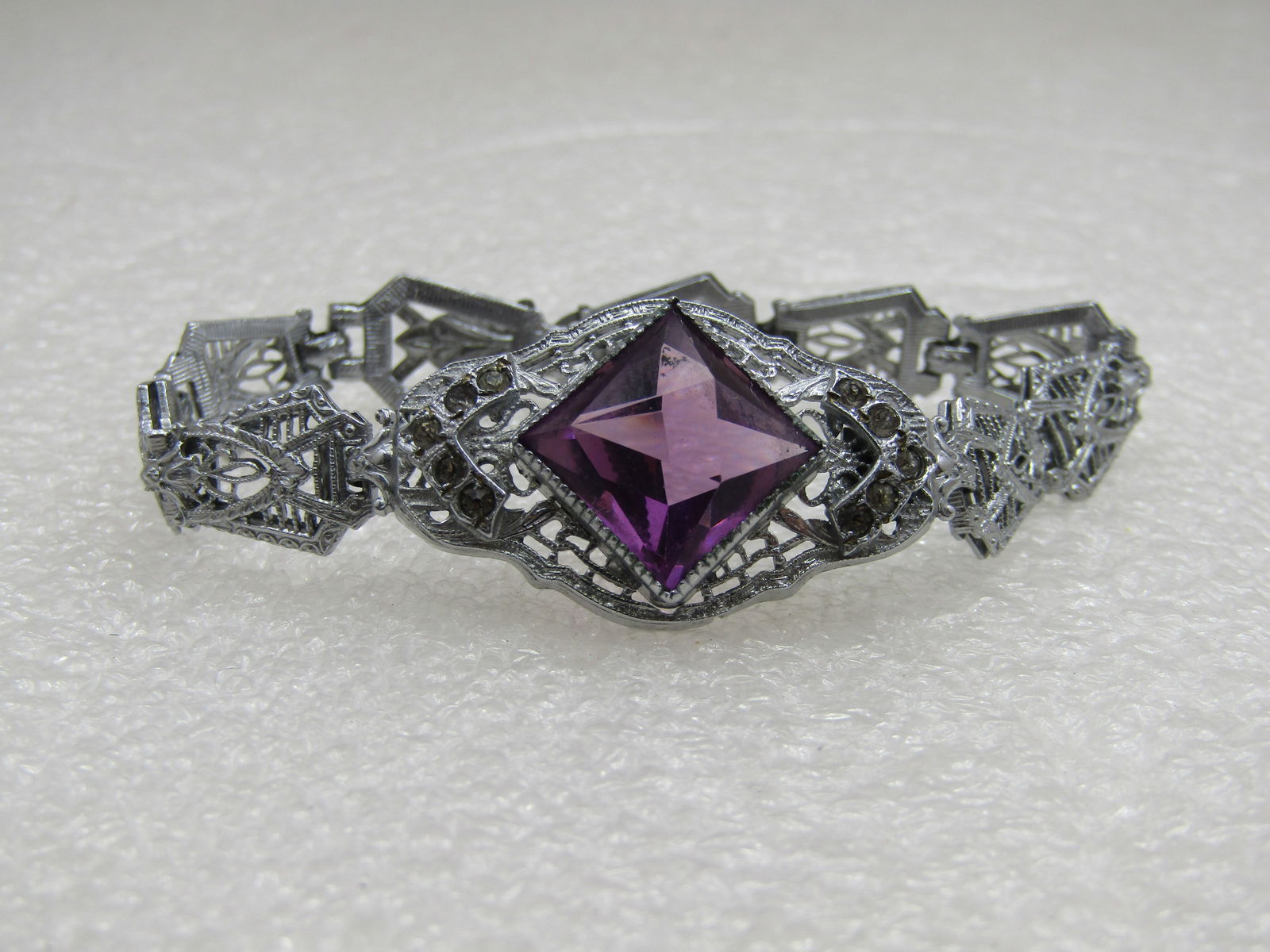 Rhodium Plated Art Deco Filigree Bracelet, Purple Stone, 6.5" - 2