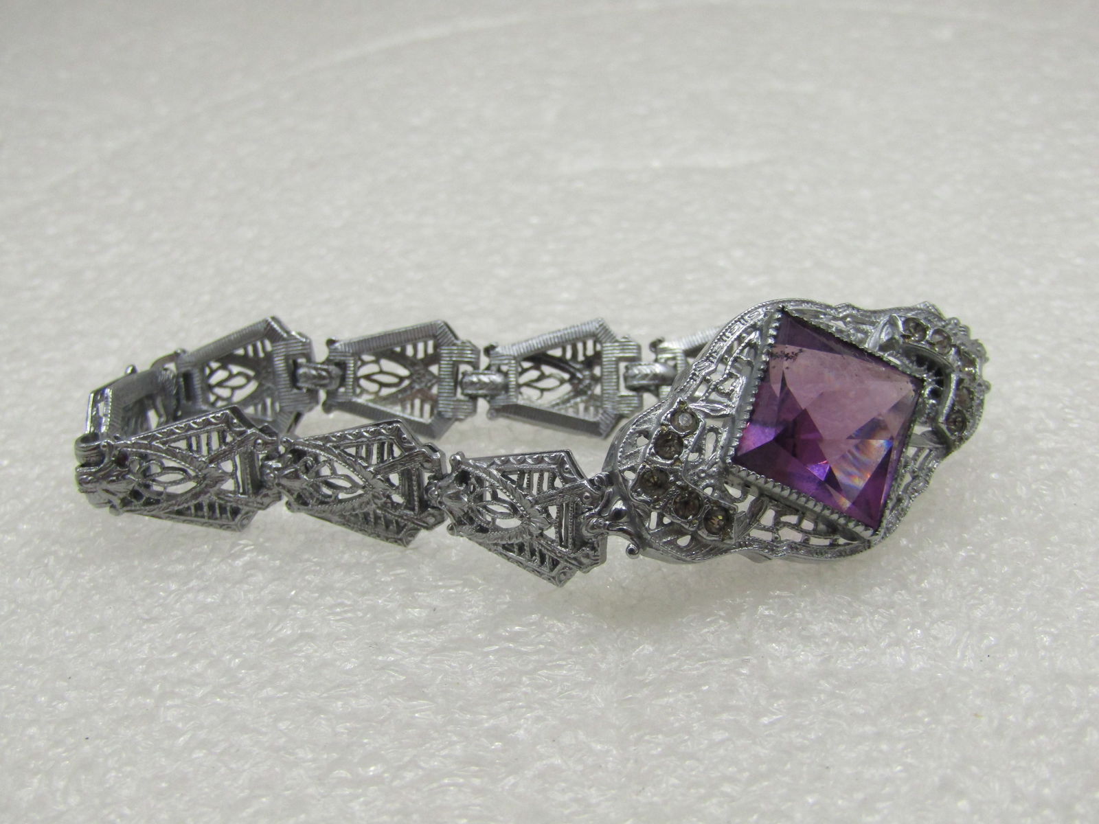 Rhodium Plated Art Deco Filigree Bracelet, Purple Stone, 6.5" - 3