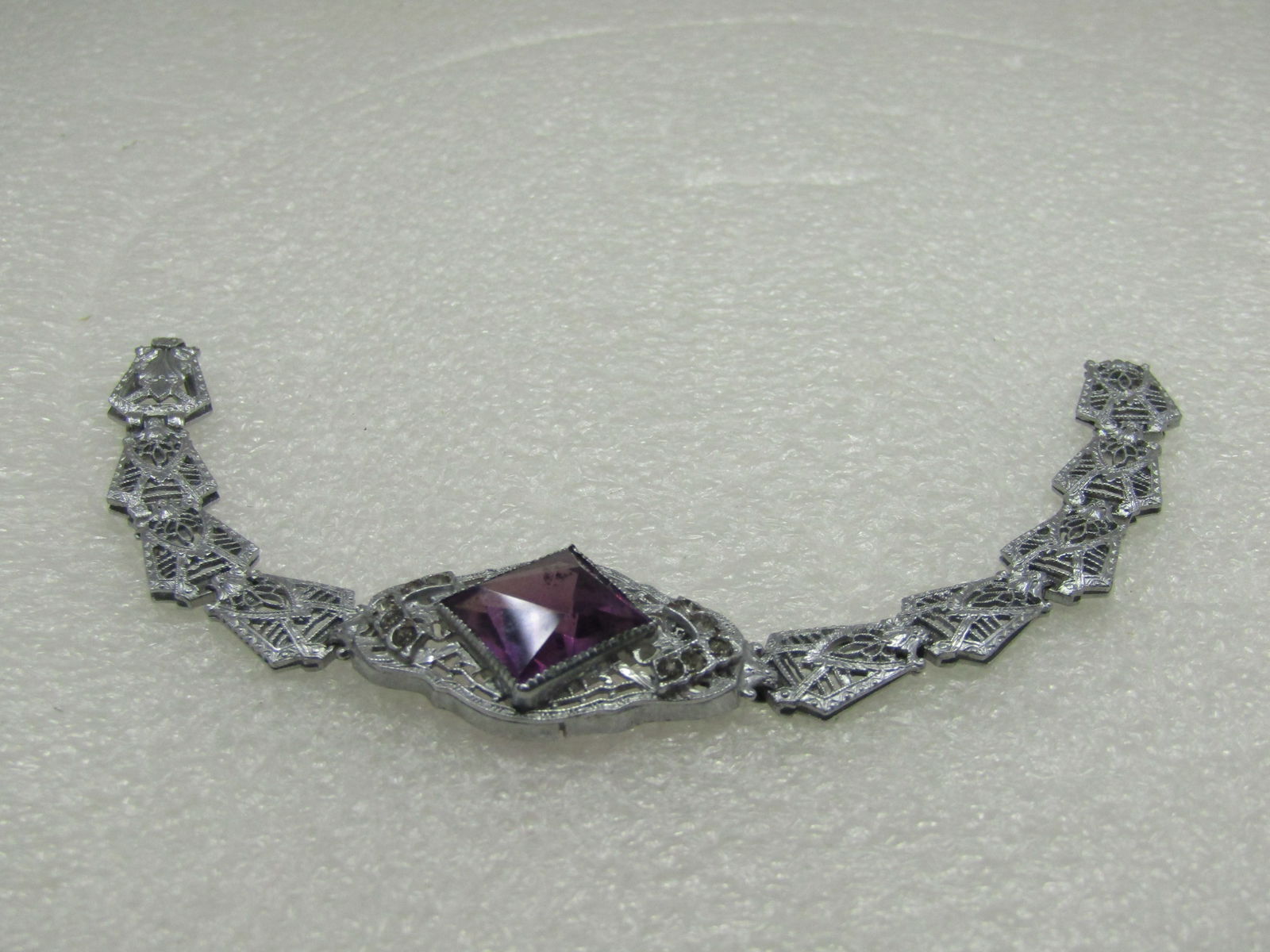 Rhodium Plated Art Deco Filigree Bracelet, Purple Stone, 6.5" - 4