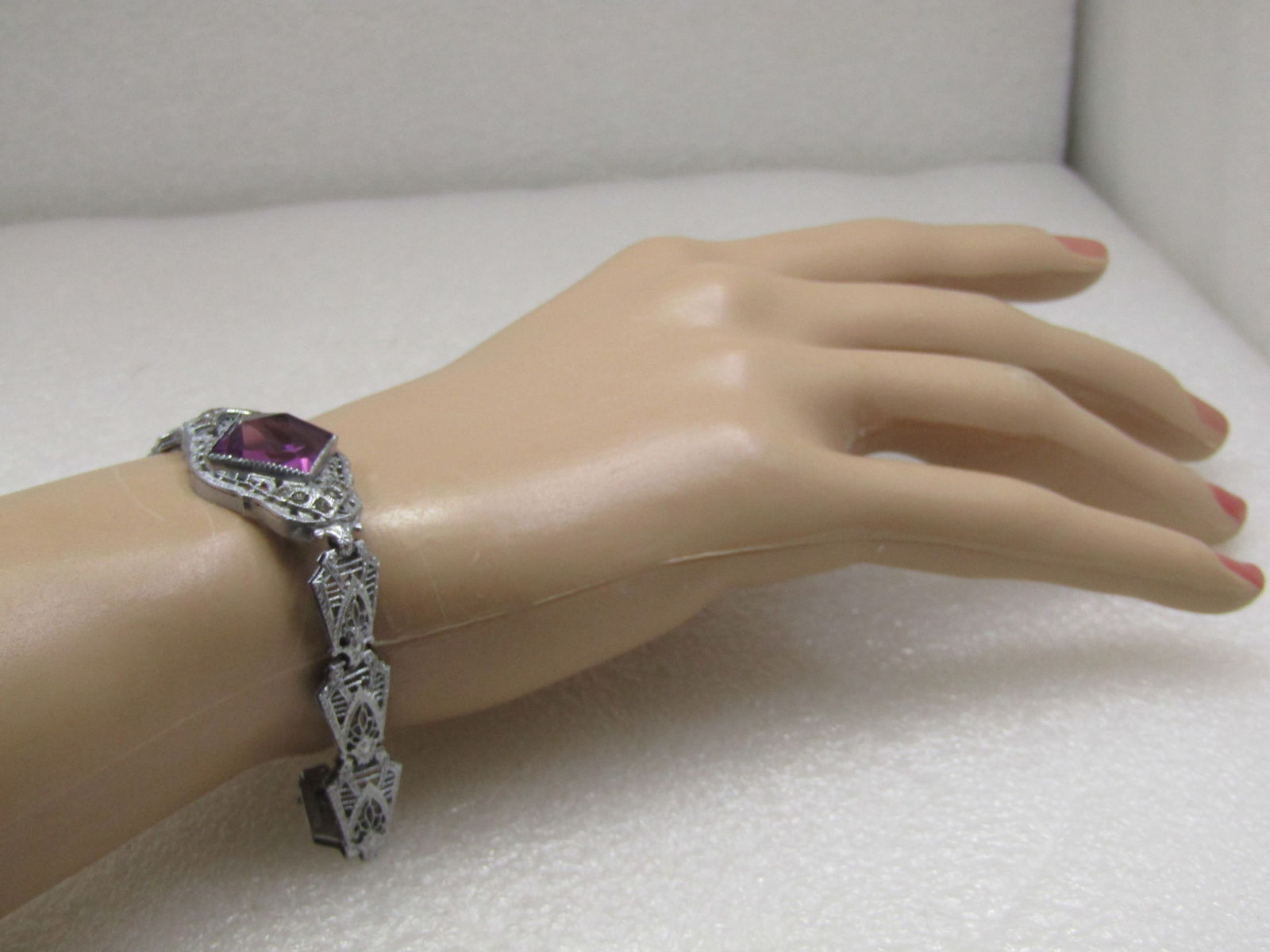 Rhodium Plated Art Deco Filigree Bracelet, Purple Stone, 6.5" - 6