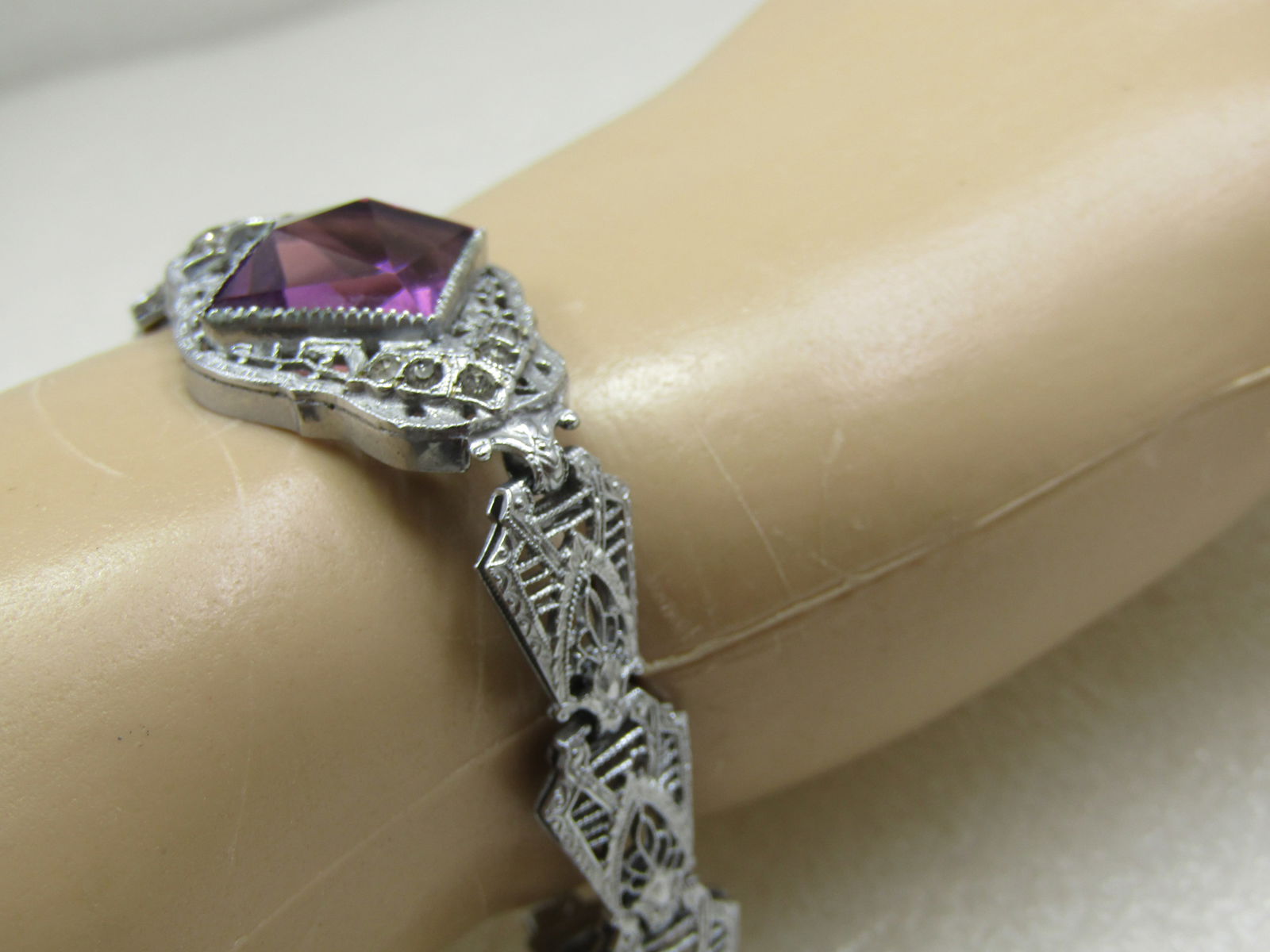 Rhodium Plated Art Deco Filigree Bracelet, Purple Stone, 6.5" - 7