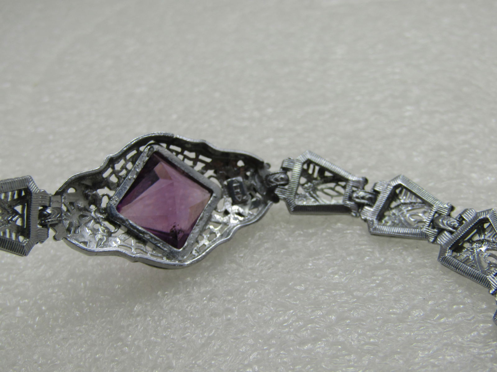 Rhodium Plated Art Deco Filigree Bracelet, Purple Stone, 6.5" - 8