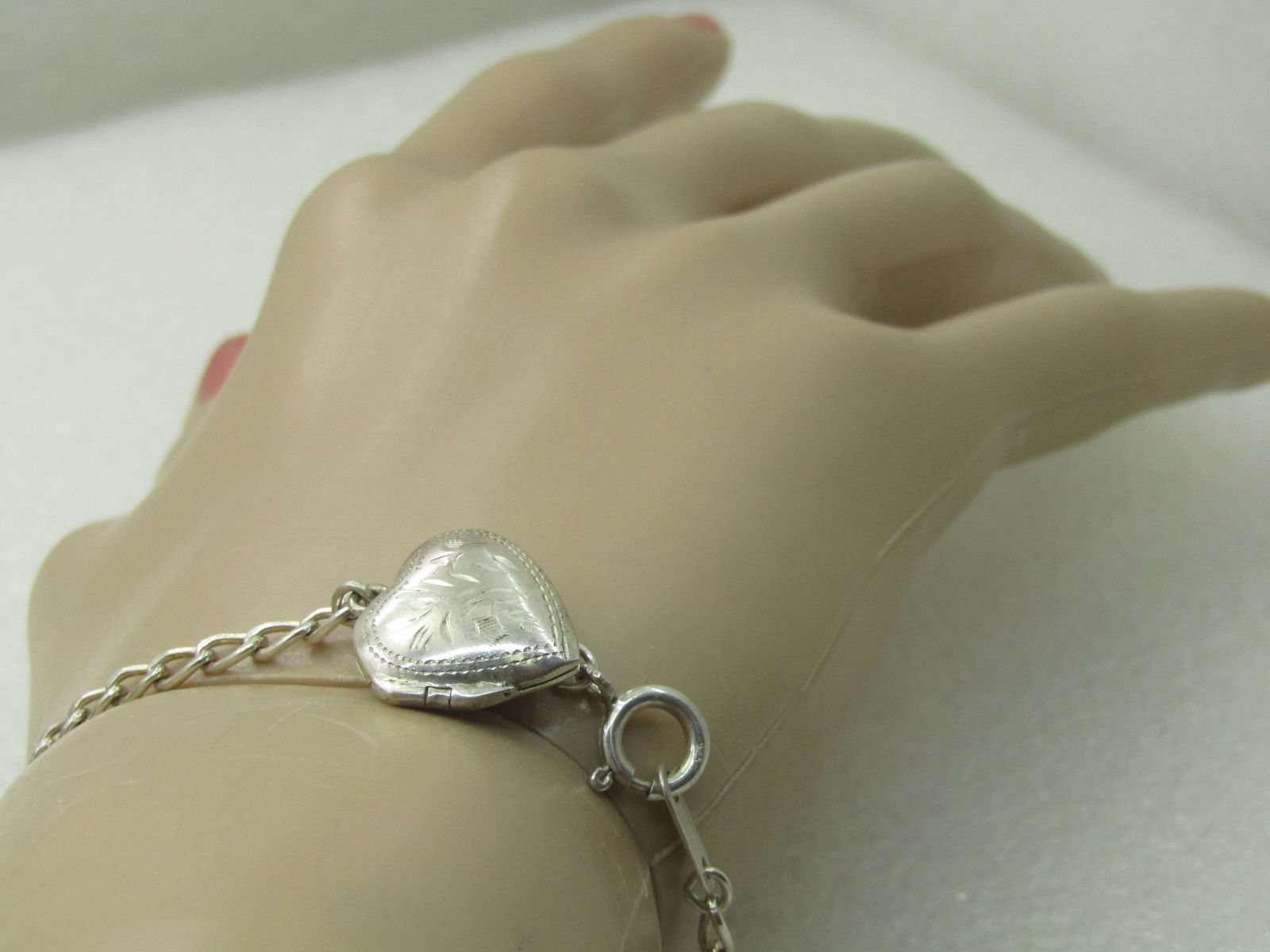 Vintage Sterling Silver Heart Locket Bracelet, 7.25", Signed MA - Marsala - 6
