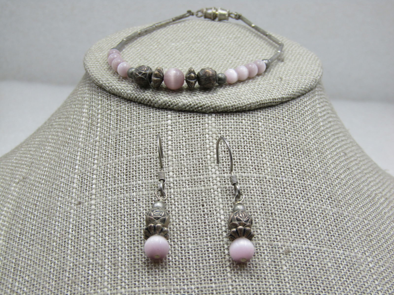 Vintage Boho Pink Moonstone Rose Beaded Bracelet, 7.5" - 2