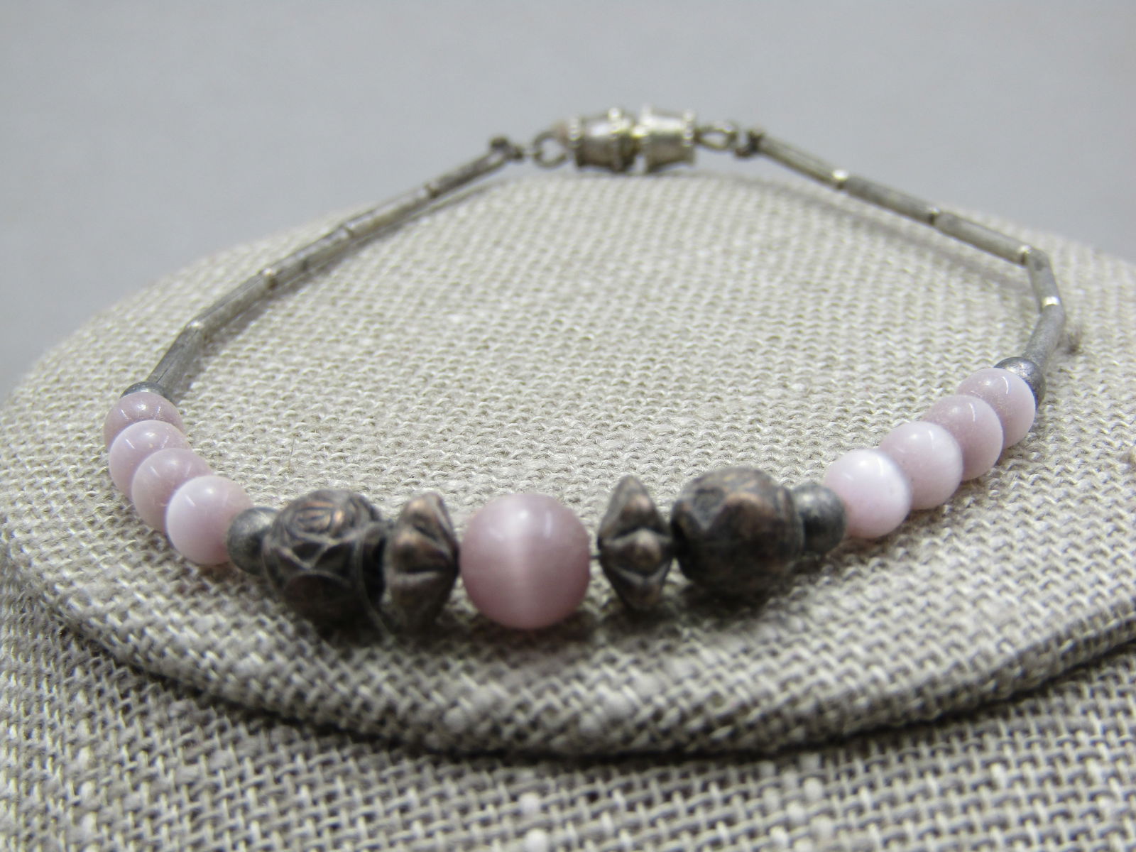 Vintage Boho Pink Moonstone Rose Beaded Bracelet, 7.5" - 4