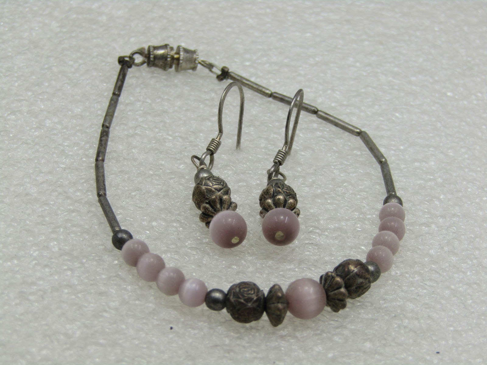 Vintage Boho Pink Moonstone Rose Beaded Bracelet, 7.5" - 8