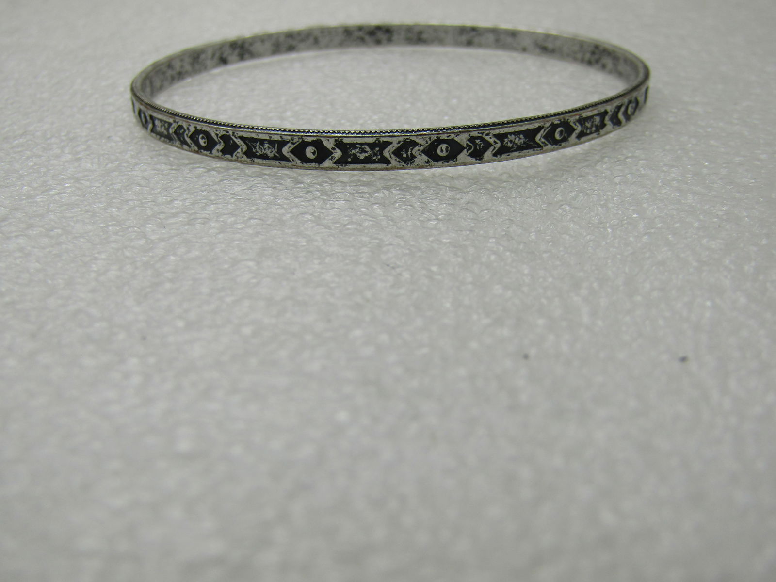 Vintage 4mm Silver Tone Bangle Bracelet, Black Enameled Design, 8" - 5