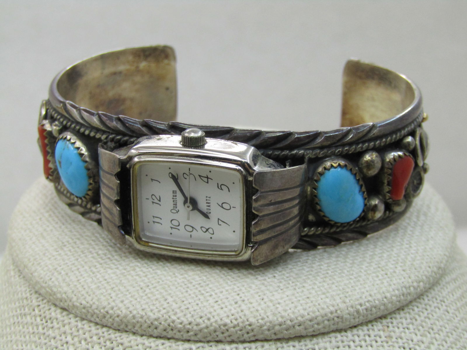 Vintage Sterling Southwestern Turquoise Coral Watch Cuff Bracelet, 6.75", Signed P - 2