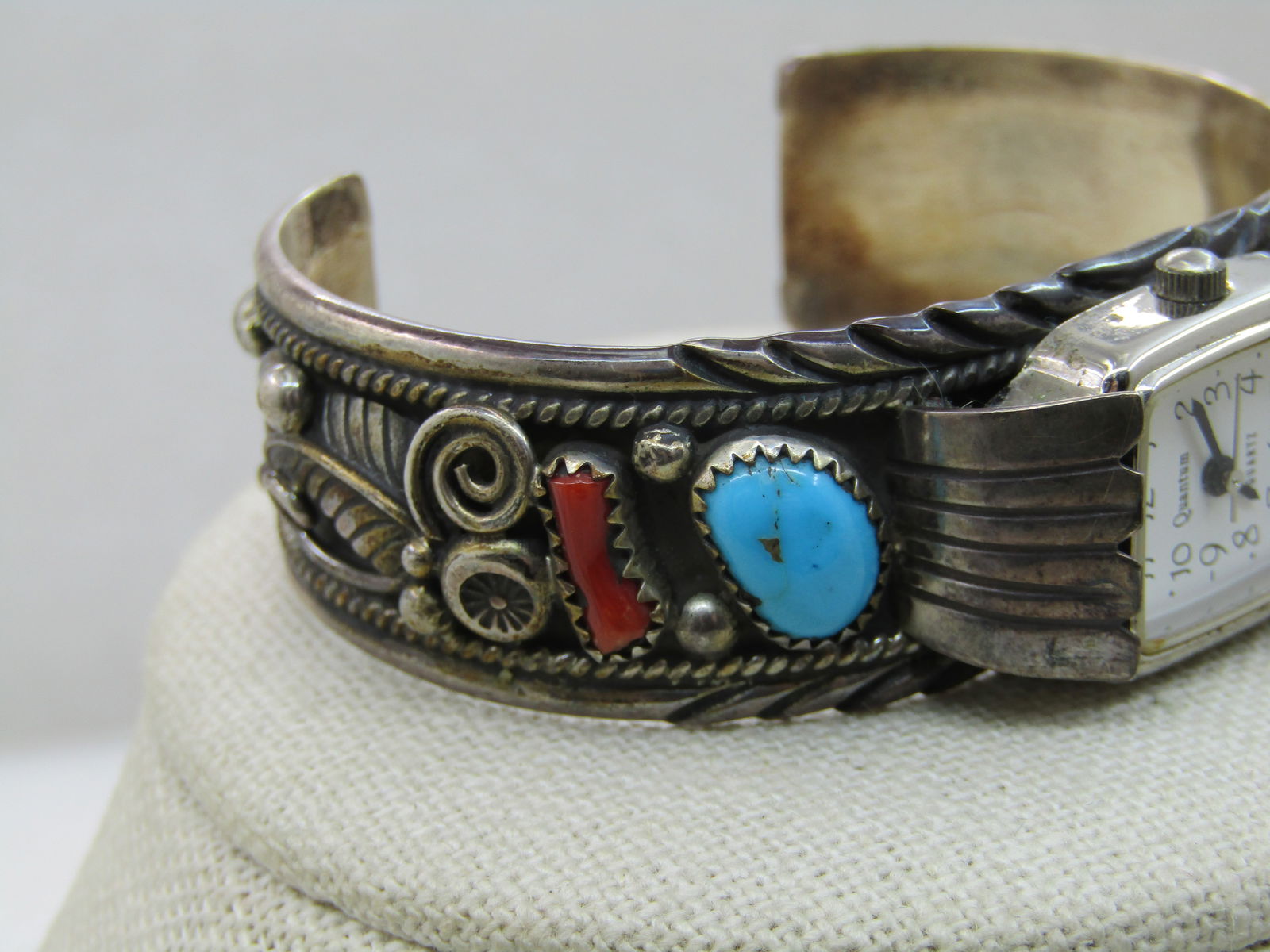 Vintage Sterling Southwestern Turquoise Coral Watch Cuff Bracelet, 6.75", Signed P - 3