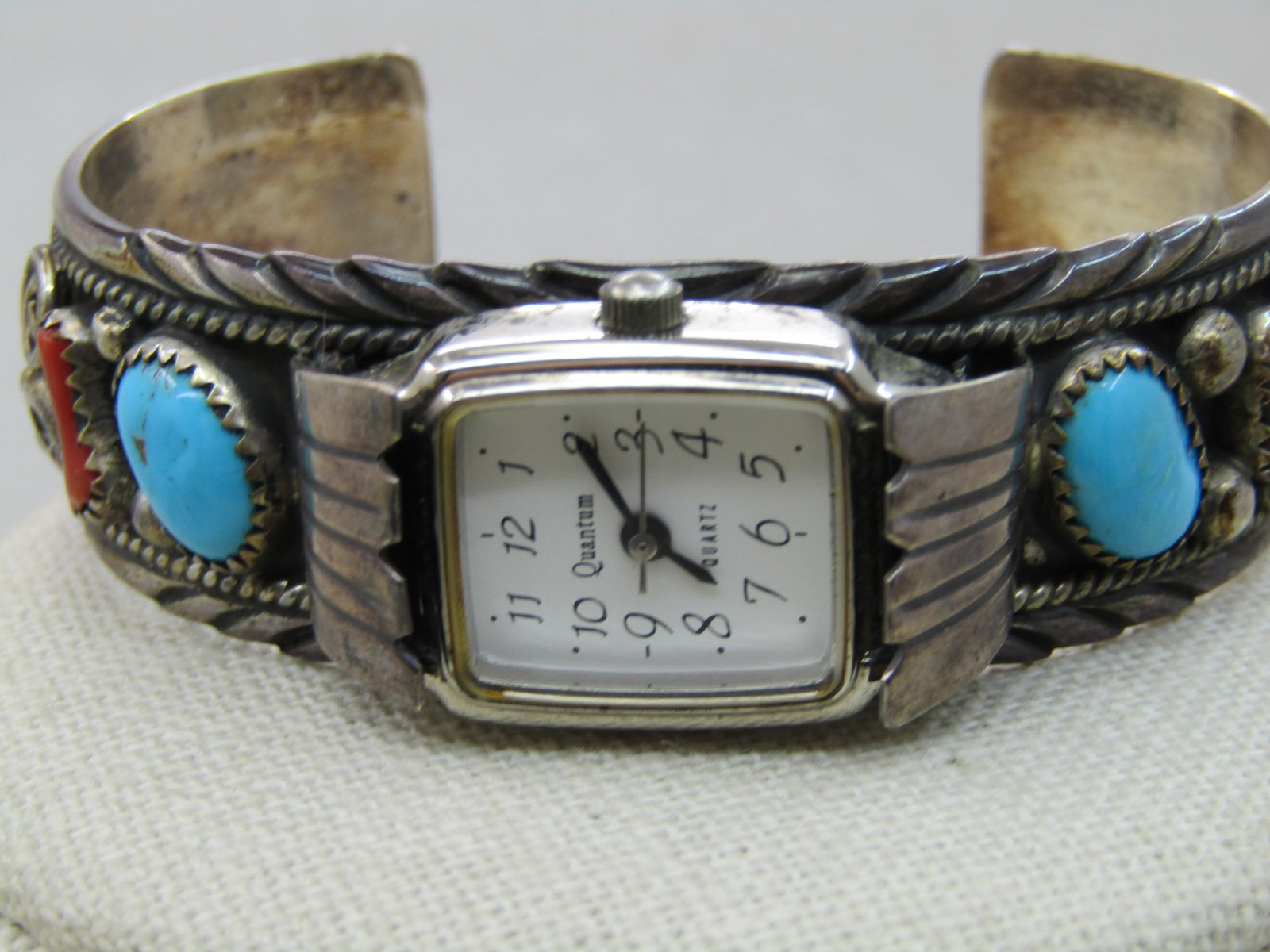 Vintage Sterling Southwestern Turquoise Coral Watch Cuff Bracelet, 6.75", Signed P - 4