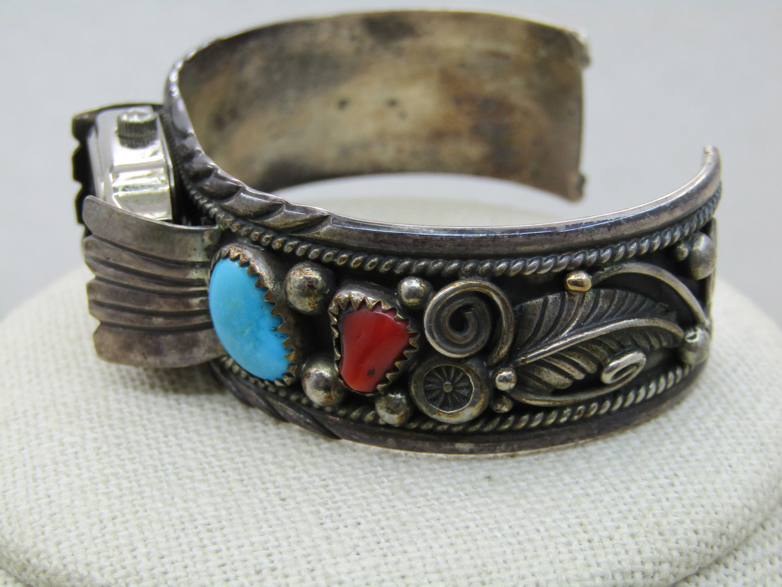 Vintage Sterling Southwestern Turquoise Coral Watch Cuff Bracelet, 6.75", Signed P - 5