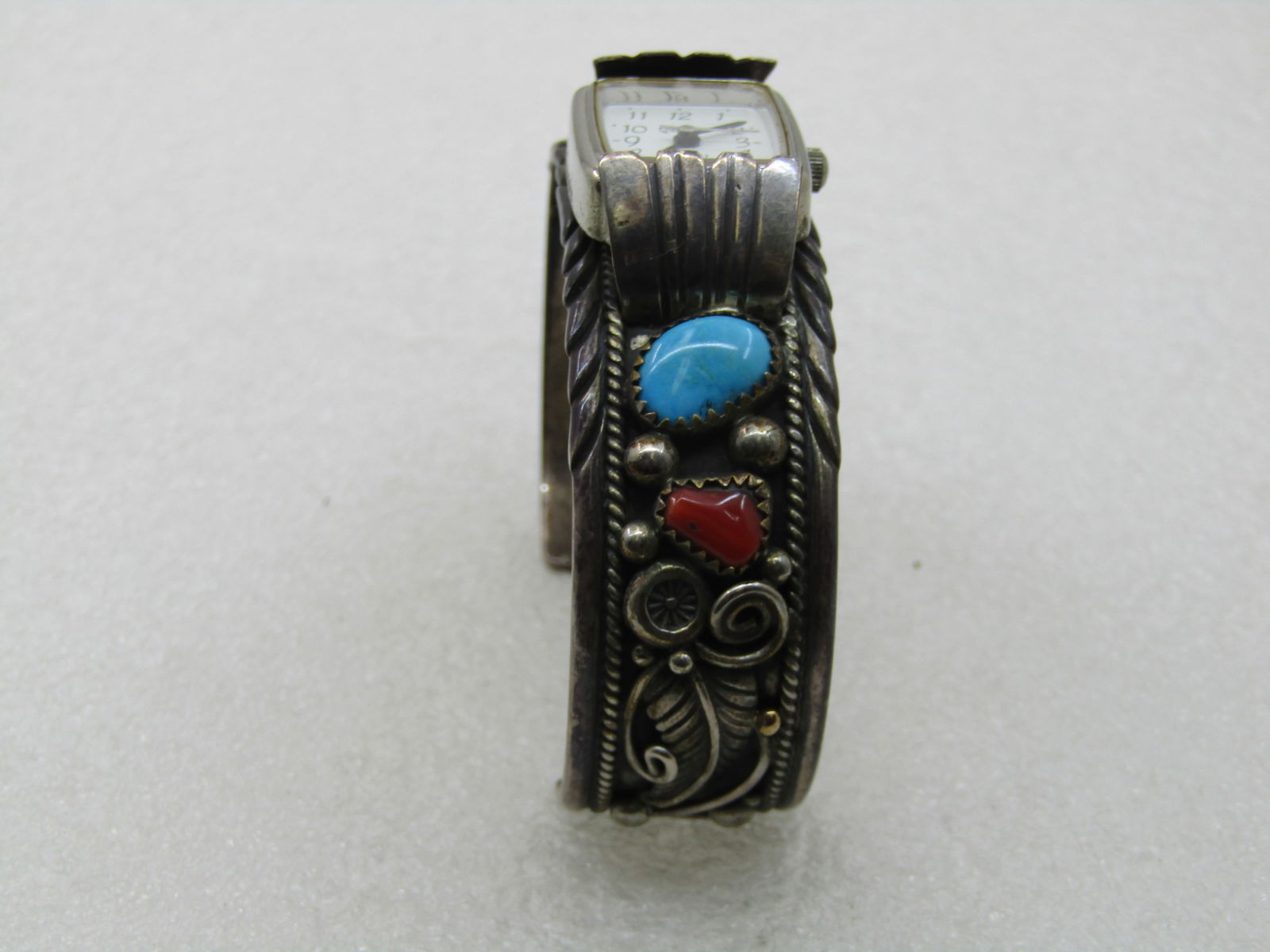 Vintage Sterling Southwestern Turquoise Coral Watch Cuff Bracelet, 6.75", Signed P - 6