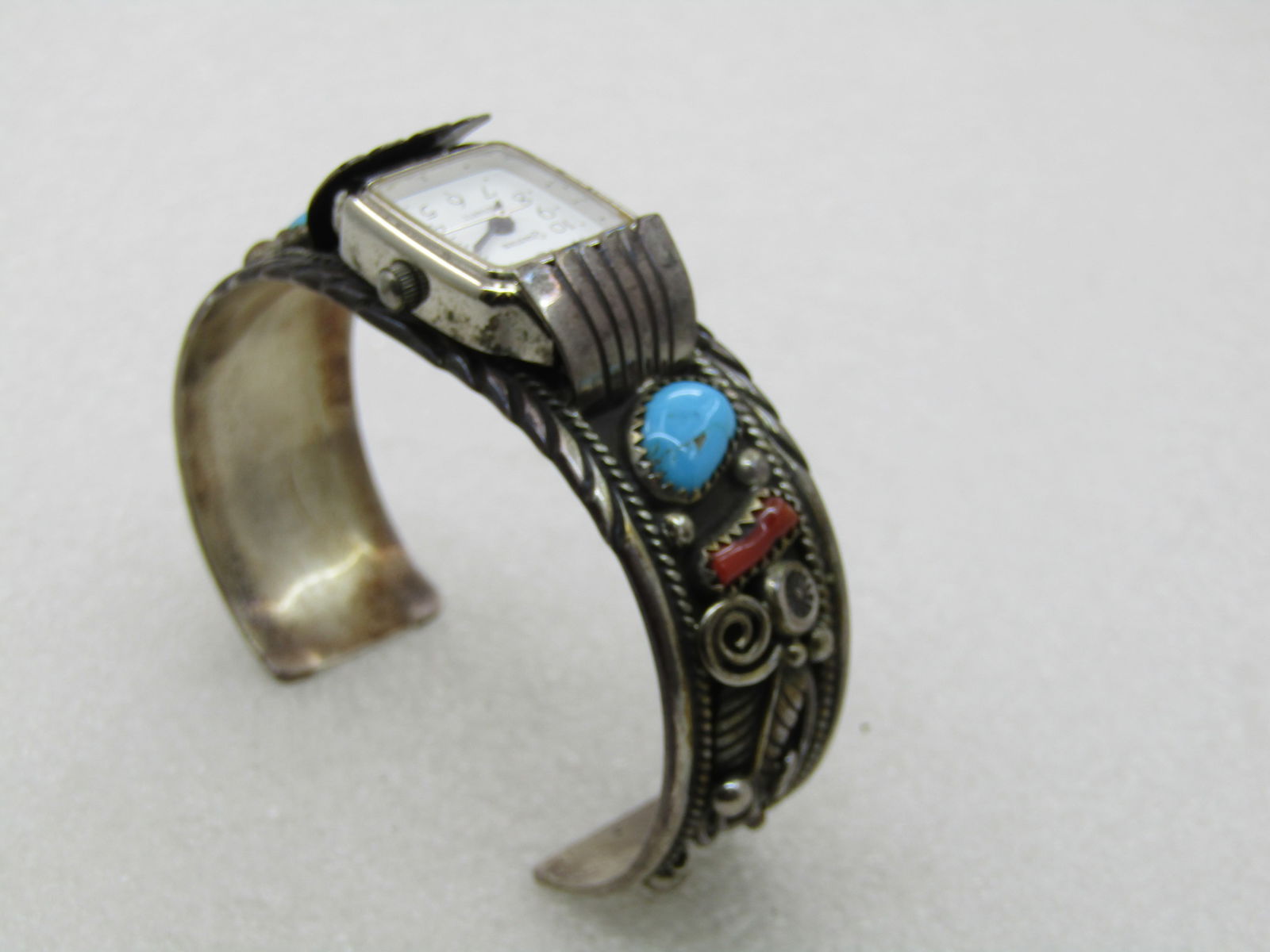 Vintage Sterling Southwestern Turquoise Coral Watch Cuff Bracelet, 6.75", Signed P - 7