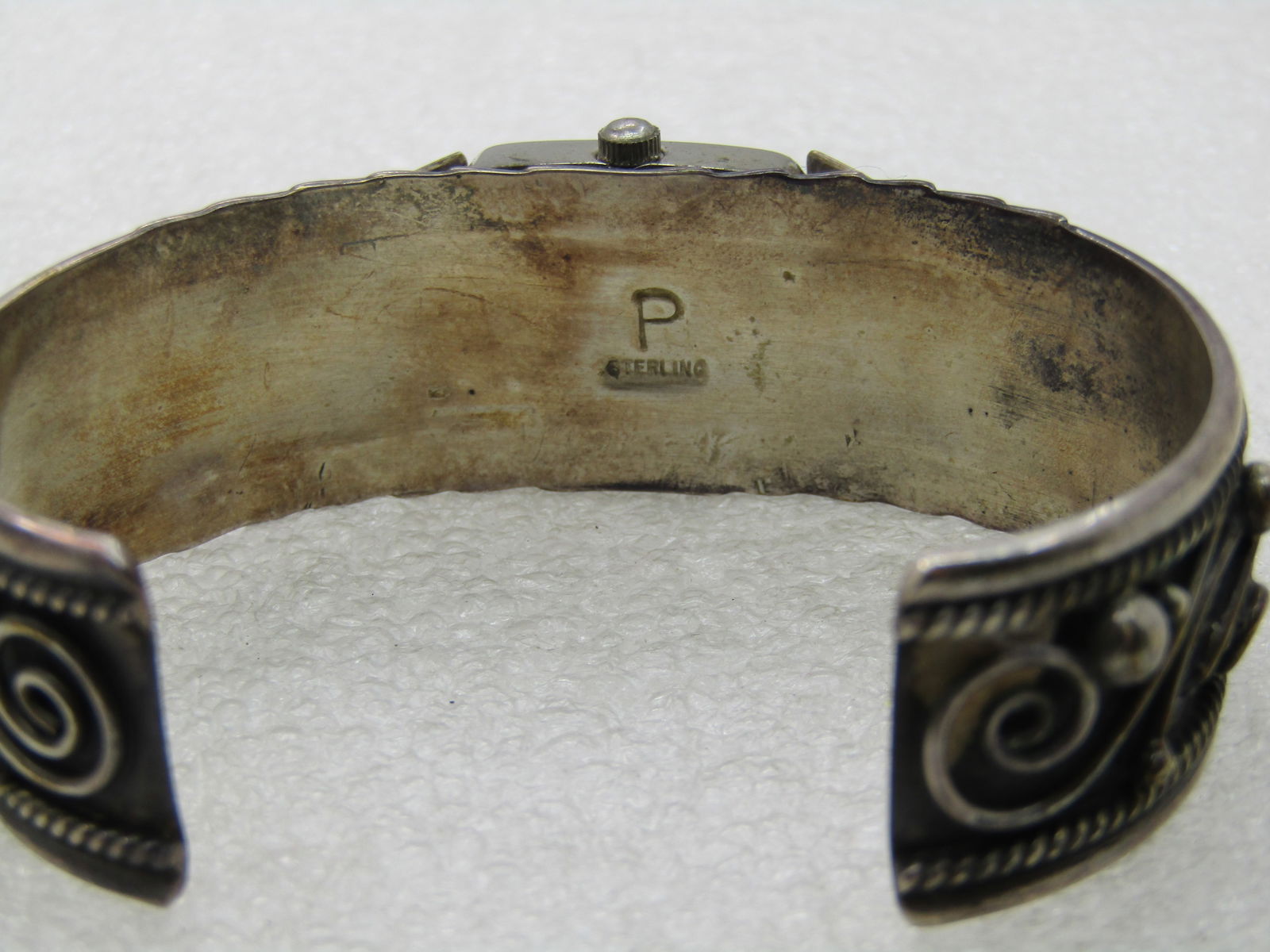 Vintage Sterling Southwestern Turquoise Coral Watch Cuff Bracelet, 6.75", Signed P - 8