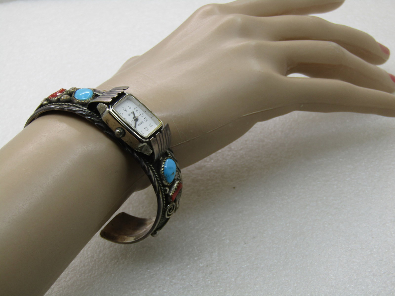 Vintage Sterling Southwestern Turquoise Coral Watch Cuff Bracelet, 6.75", Signed P - 9