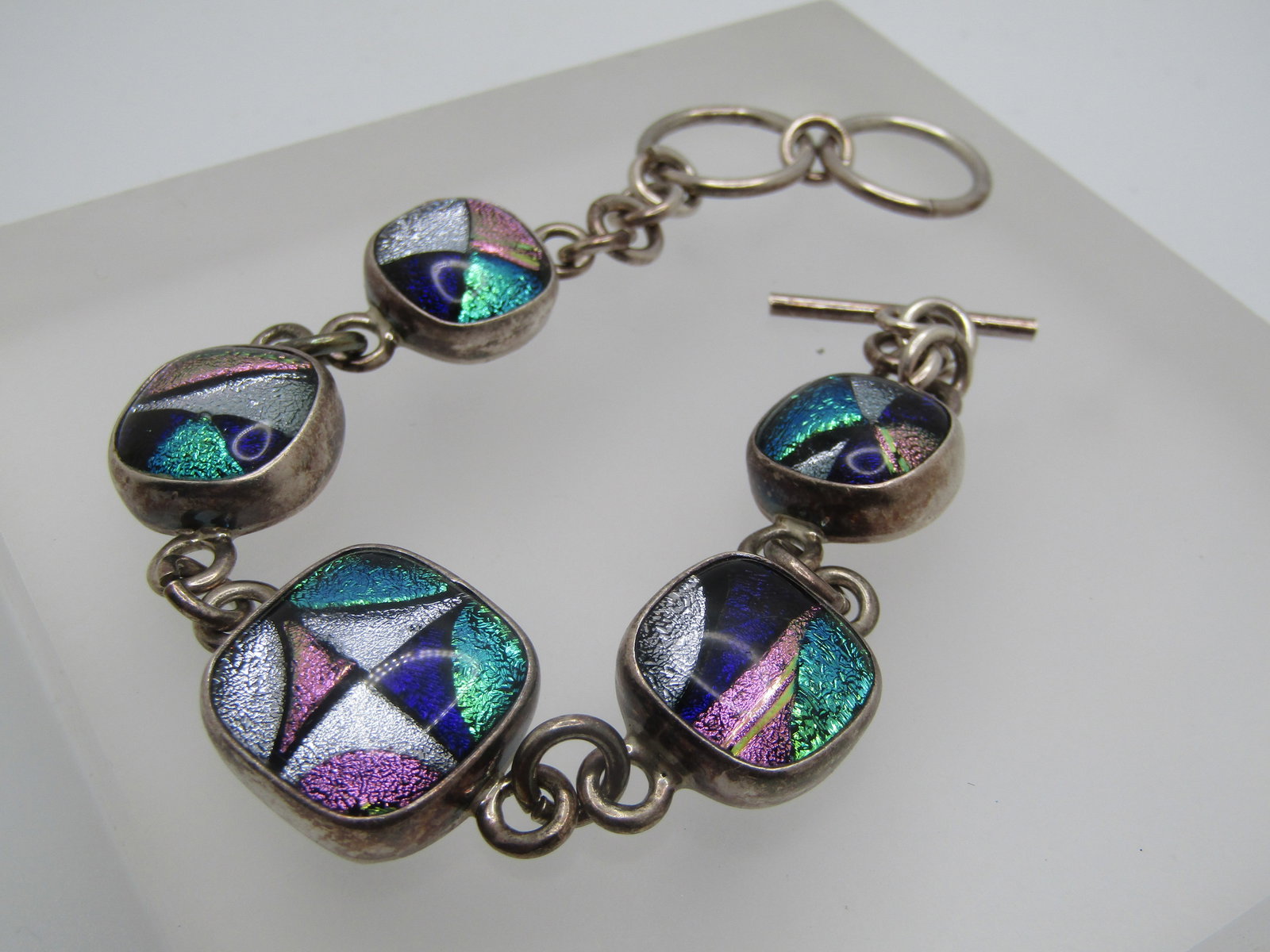 Vintage Sterling Glitter Glass Chunky Bracelet, 8" - Toggle Clasp, Unisex - 4