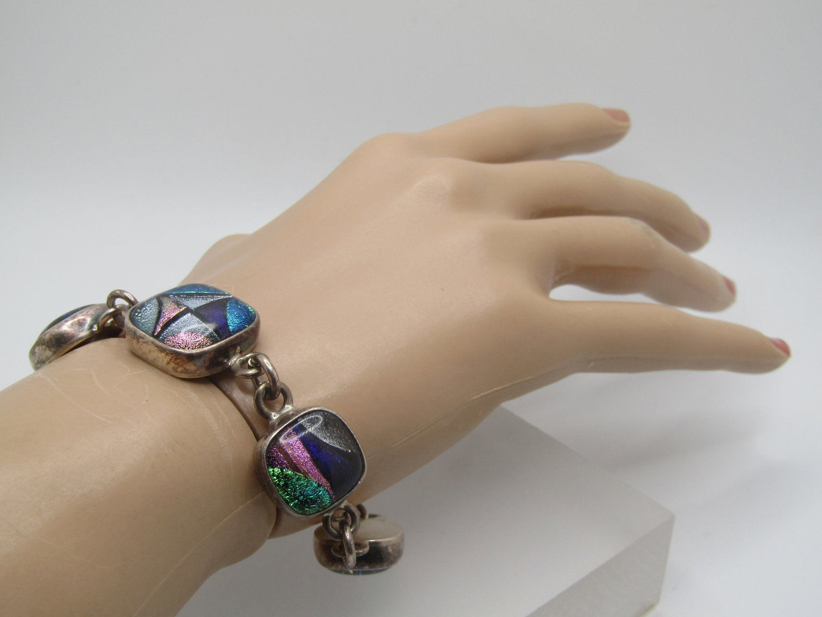 Vintage Sterling Glitter Glass Chunky Bracelet, 8" - Toggle Clasp, Unisex - 6