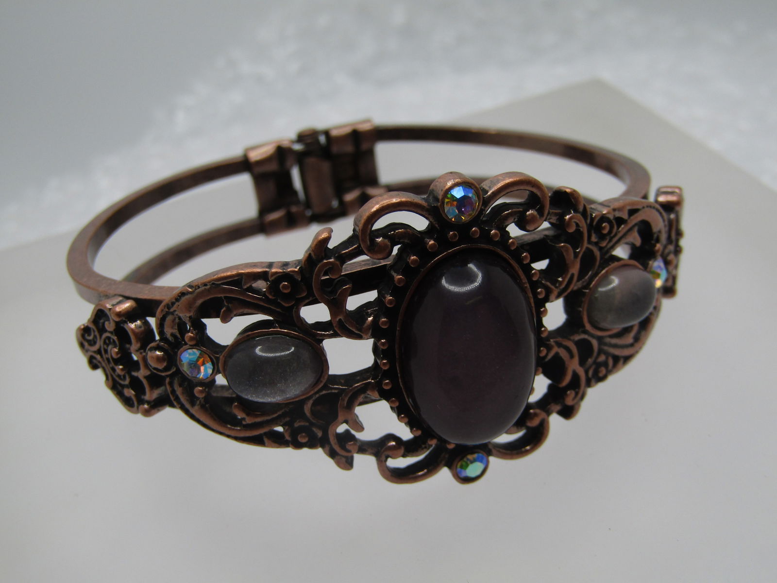 Vintage Purple & AB Hinged Clamper Bracelet, Copper Tone, 6.75" - 2