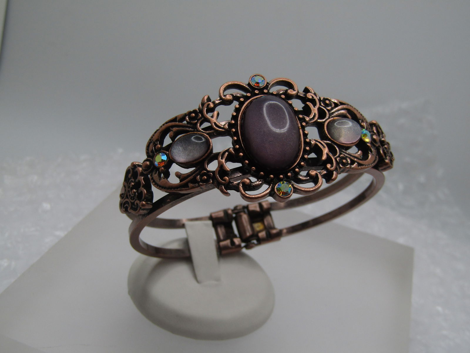 Vintage Purple & AB Hinged Clamper Bracelet, Copper Tone, 6.75" - 3