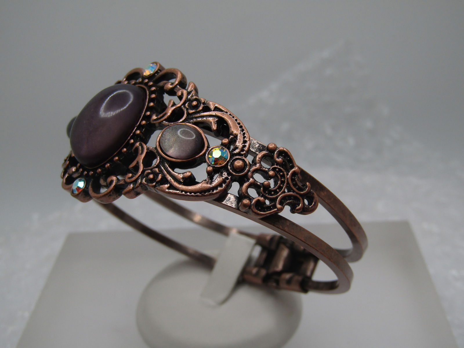 Vintage Purple & AB Hinged Clamper Bracelet, Copper Tone, 6.75" - 4