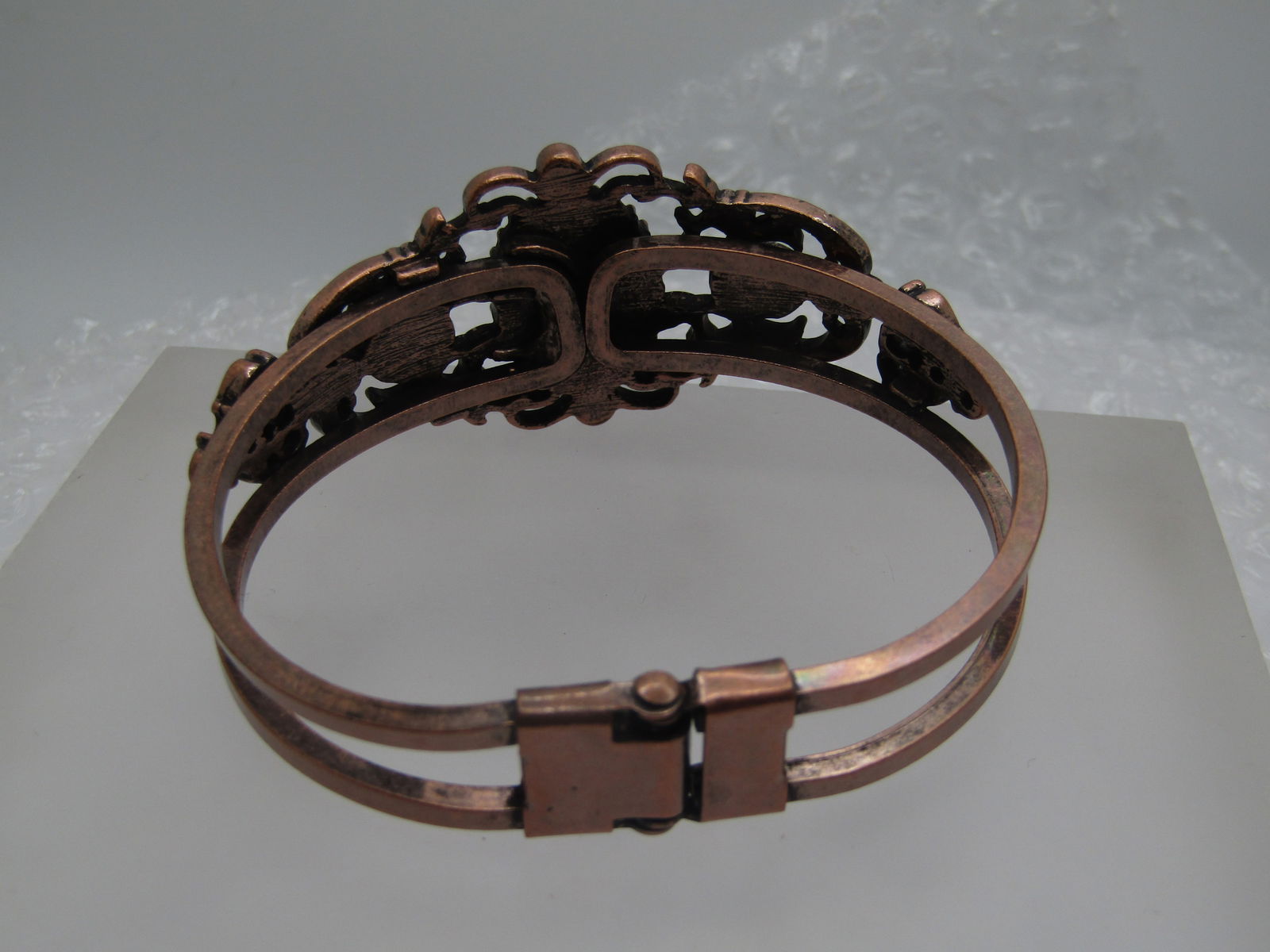 Vintage Purple & AB Hinged Clamper Bracelet, Copper Tone, 6.75" - 5