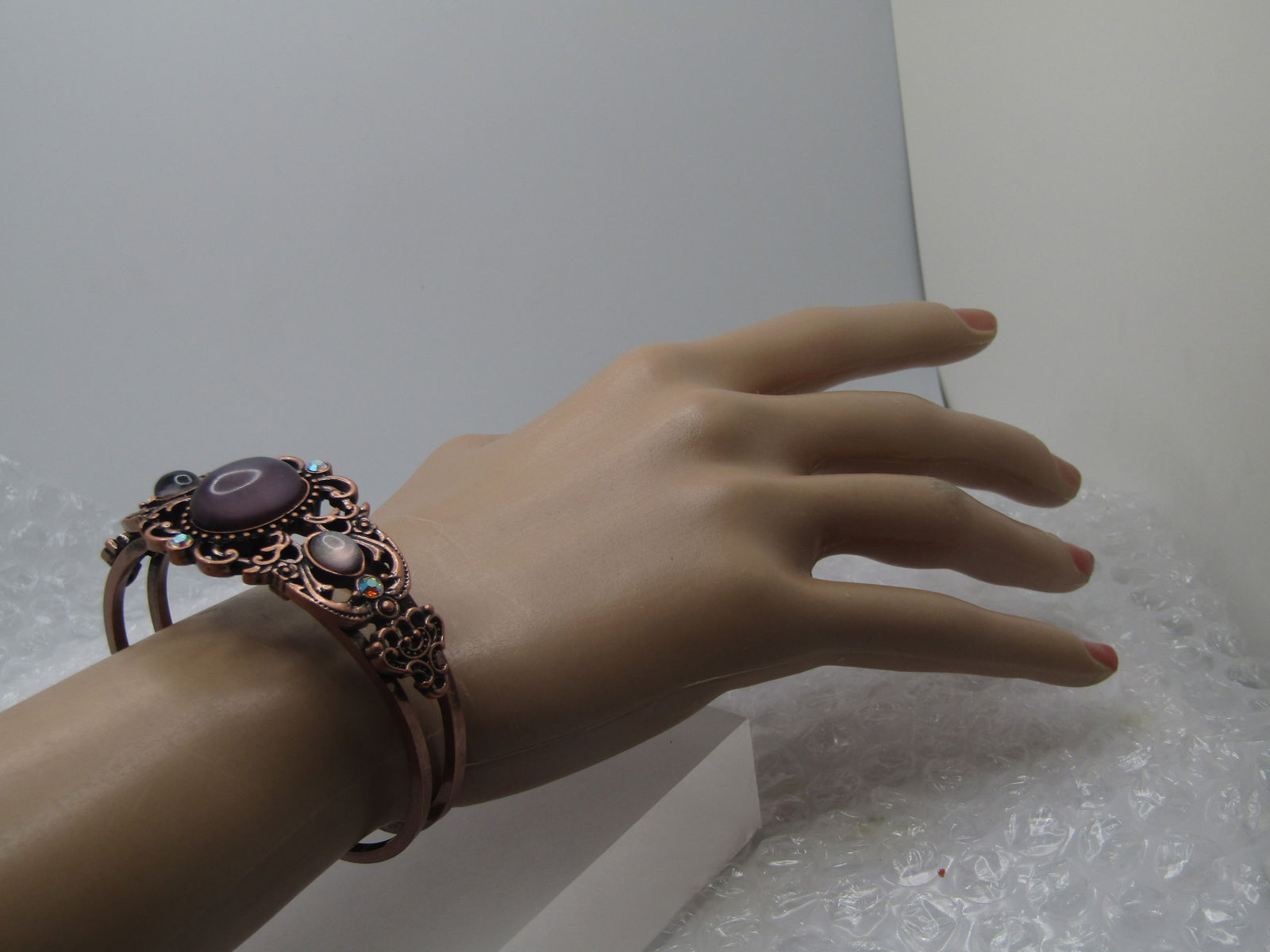 Vintage Purple & AB Hinged Clamper Bracelet, Copper Tone, 6.75" - 6