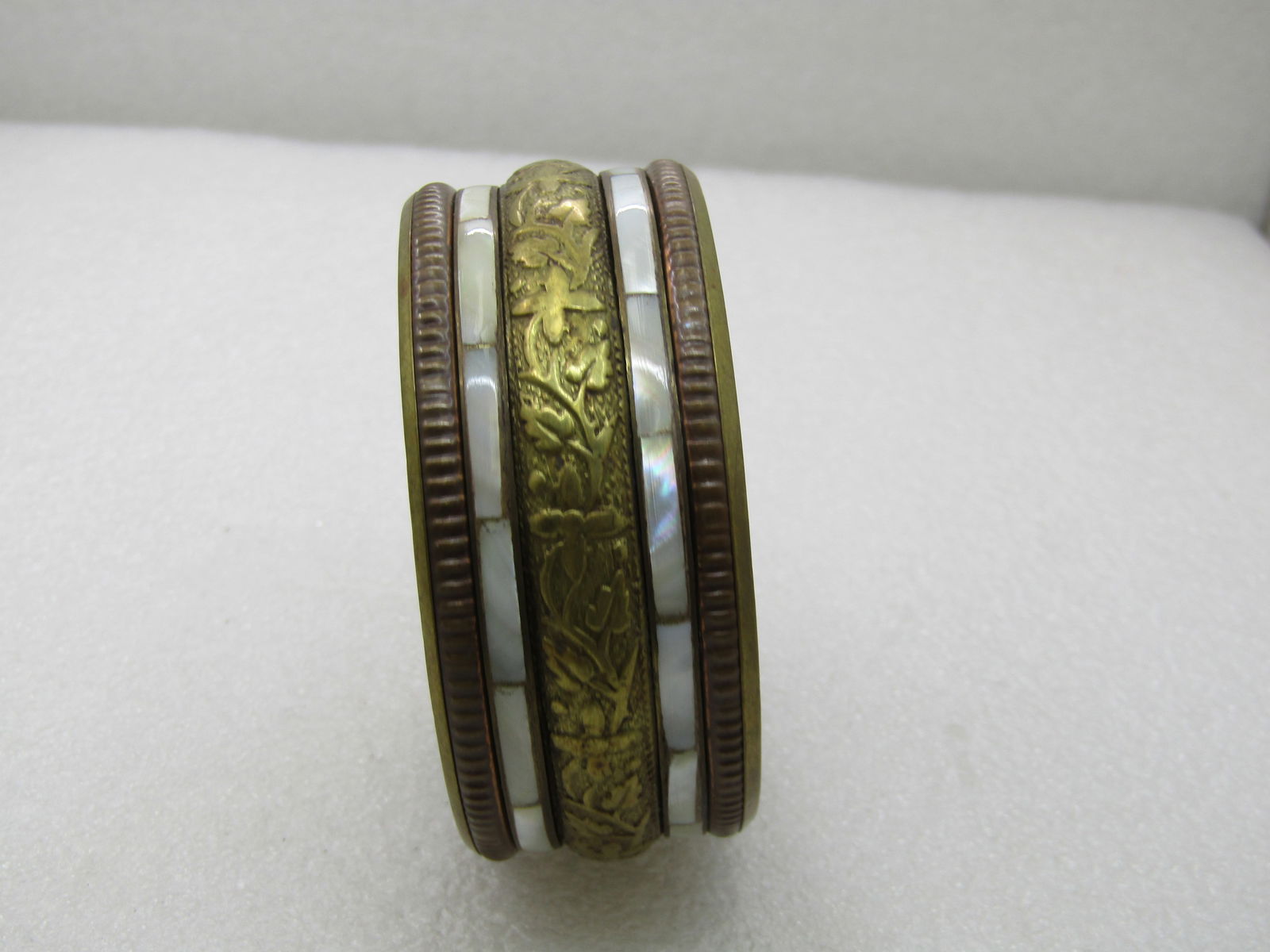 Vintage India MOP & Brass Bangle Bracelet, 7.75", 1.25" Wide - 2