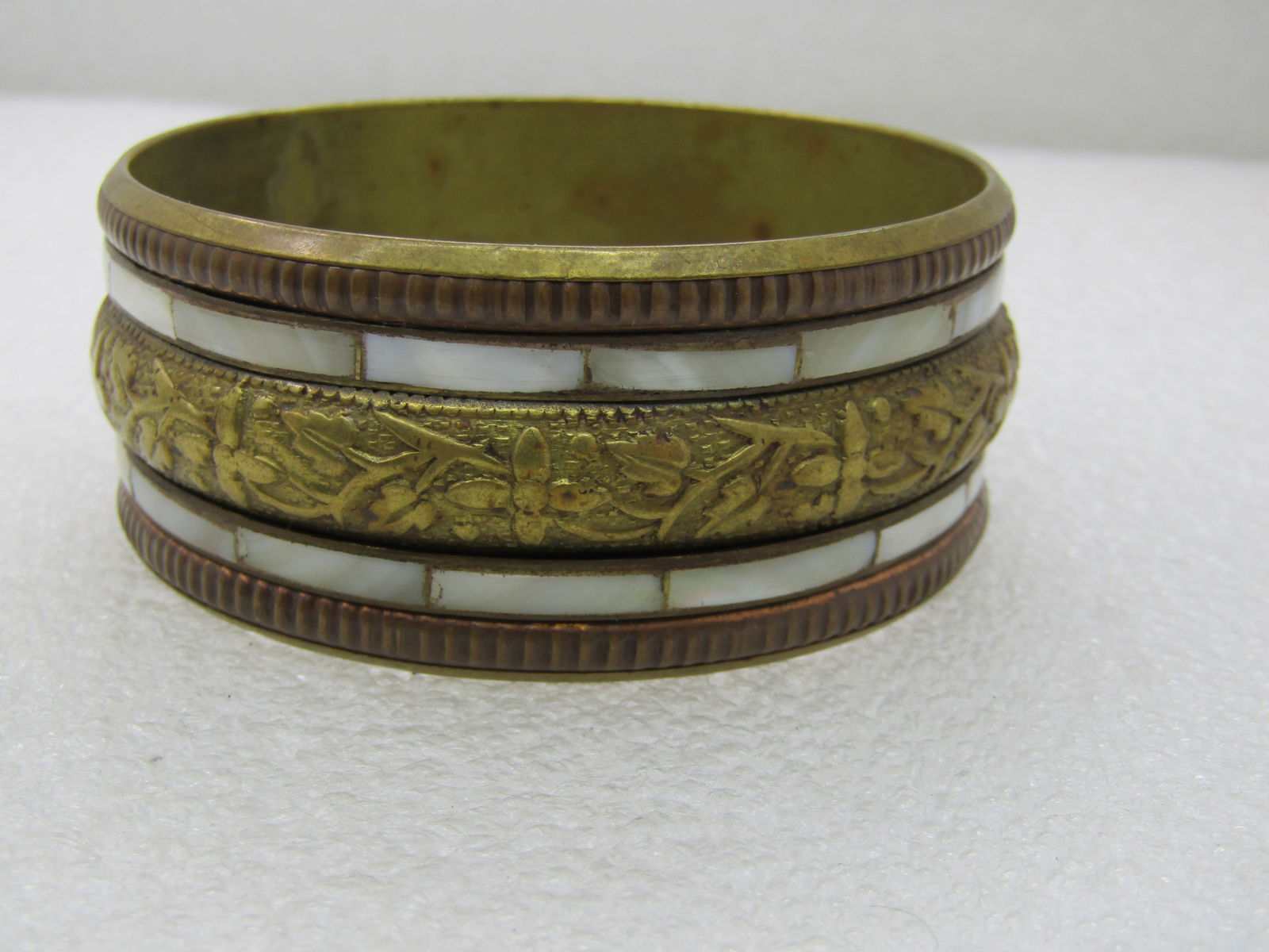 Vintage India MOP & Brass Bangle Bracelet, 7.75", 1.25" Wide - 3