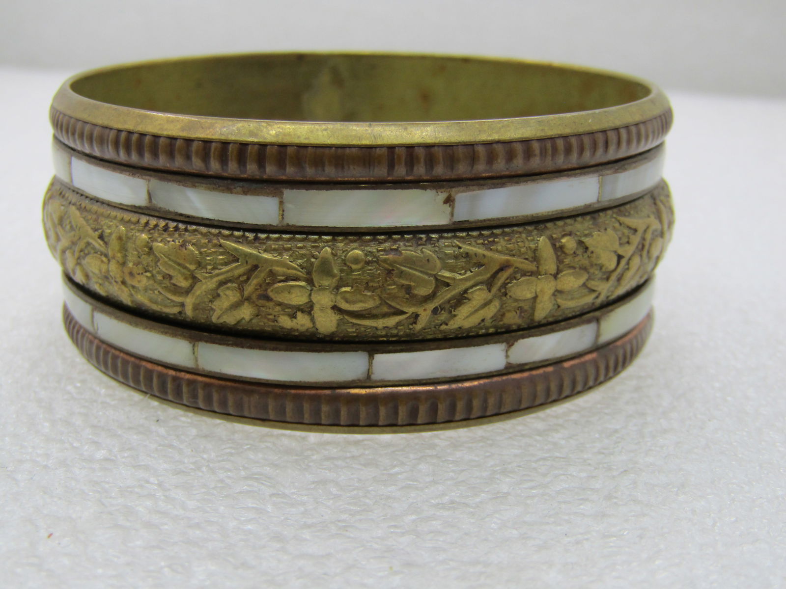 Vintage India MOP & Brass Bangle Bracelet, 7.75", 1.25" Wide - 5