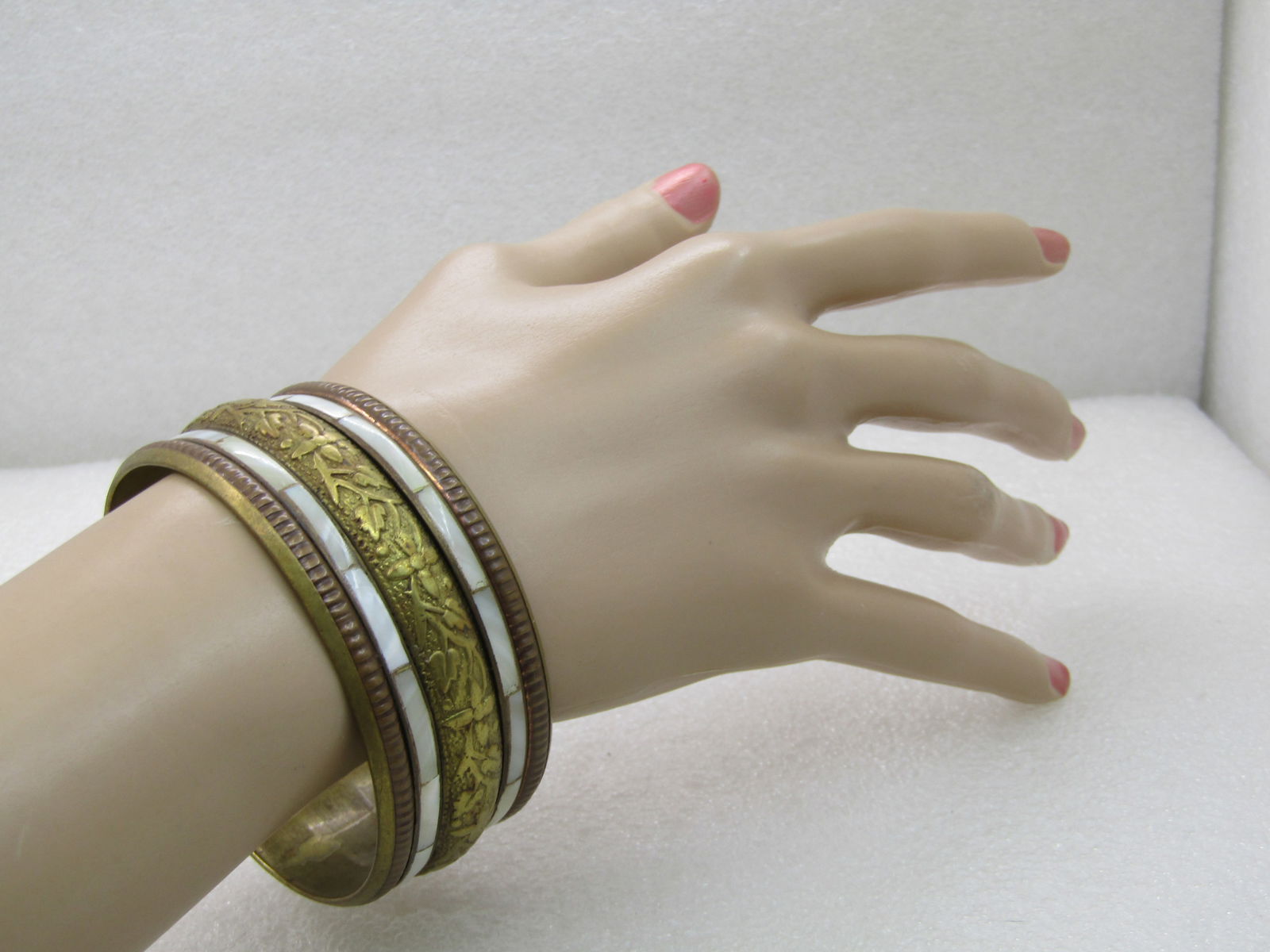 Vintage India MOP & Brass Bangle Bracelet, 7.75", 1.25" Wide - 6