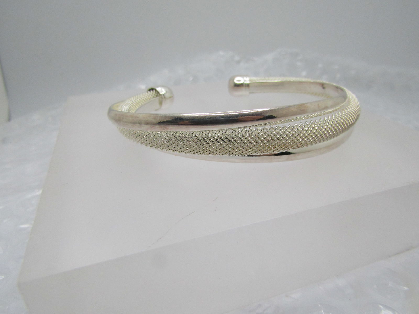 Silver Mesh and Twist Band Cuff Bracelet, 7.25", Marked .925 (1 of 7)